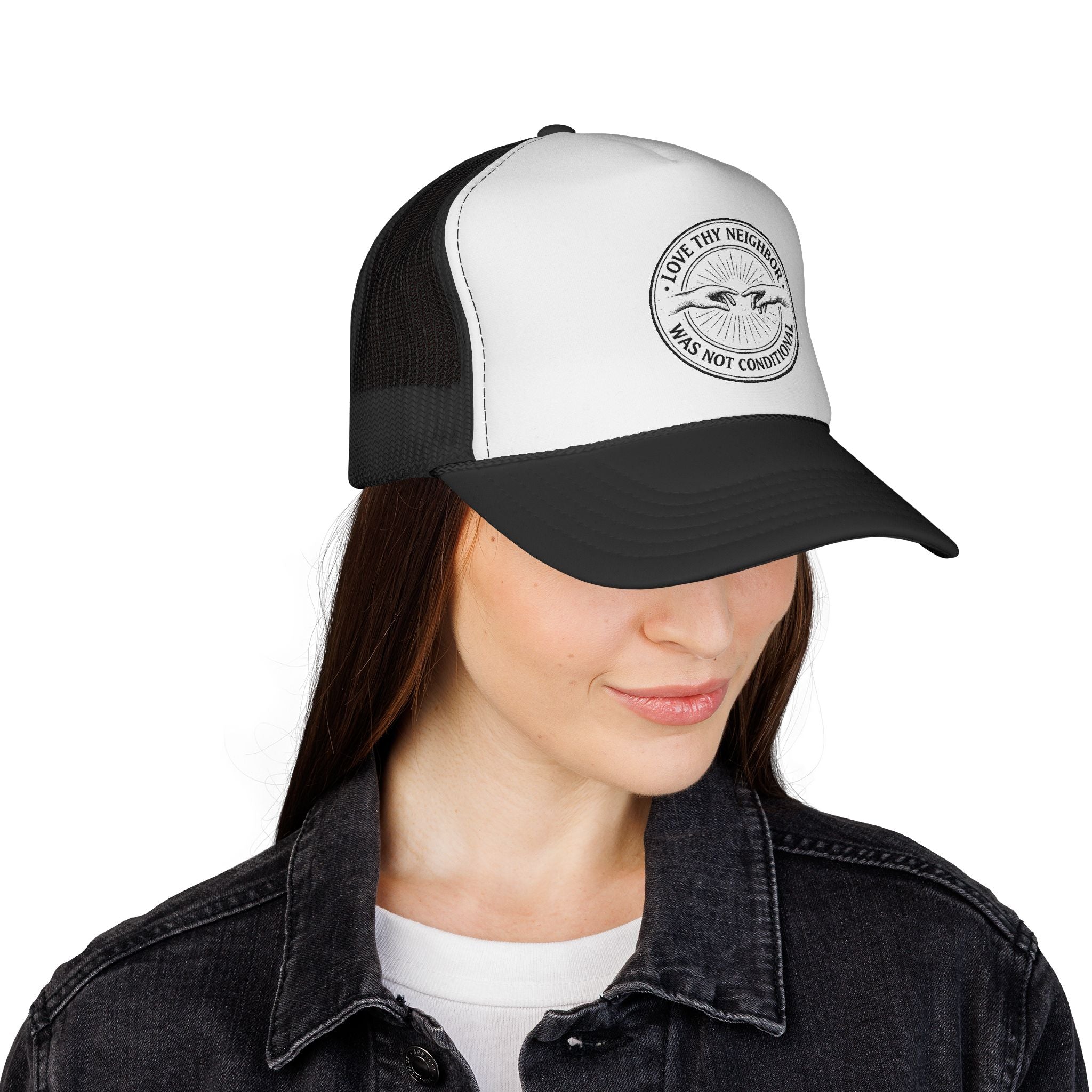Love Thy Neighbor emblem Trucker Cap | Dove graphic, circular badge