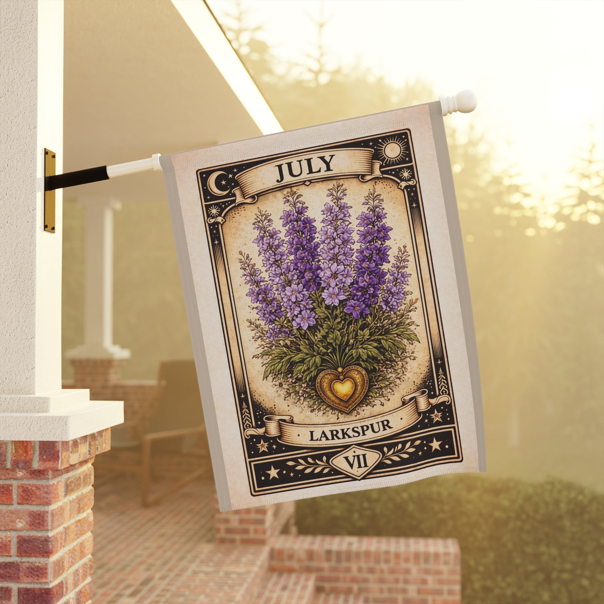 July Larkspur Garden Flag | Floral House Banner, Birth Month Botanical