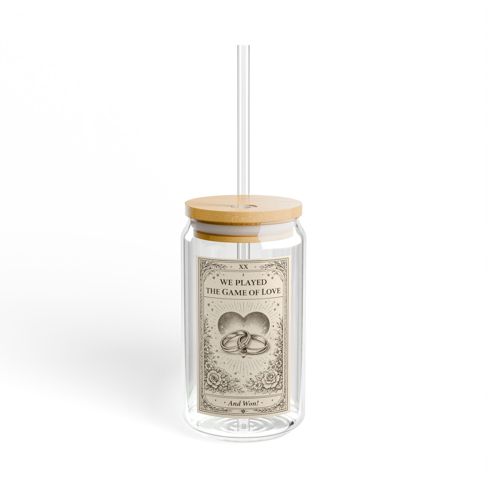 Vintage Wedding Rings Illustration Sipper Glass | 16oz Bamboo Lid Jar