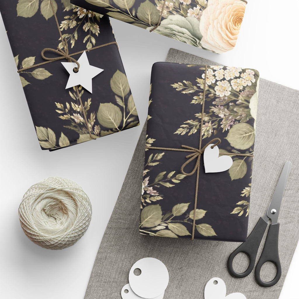 Vintage Cream Roses Wrapping Paper | Floral Gift Wrap, Black Background