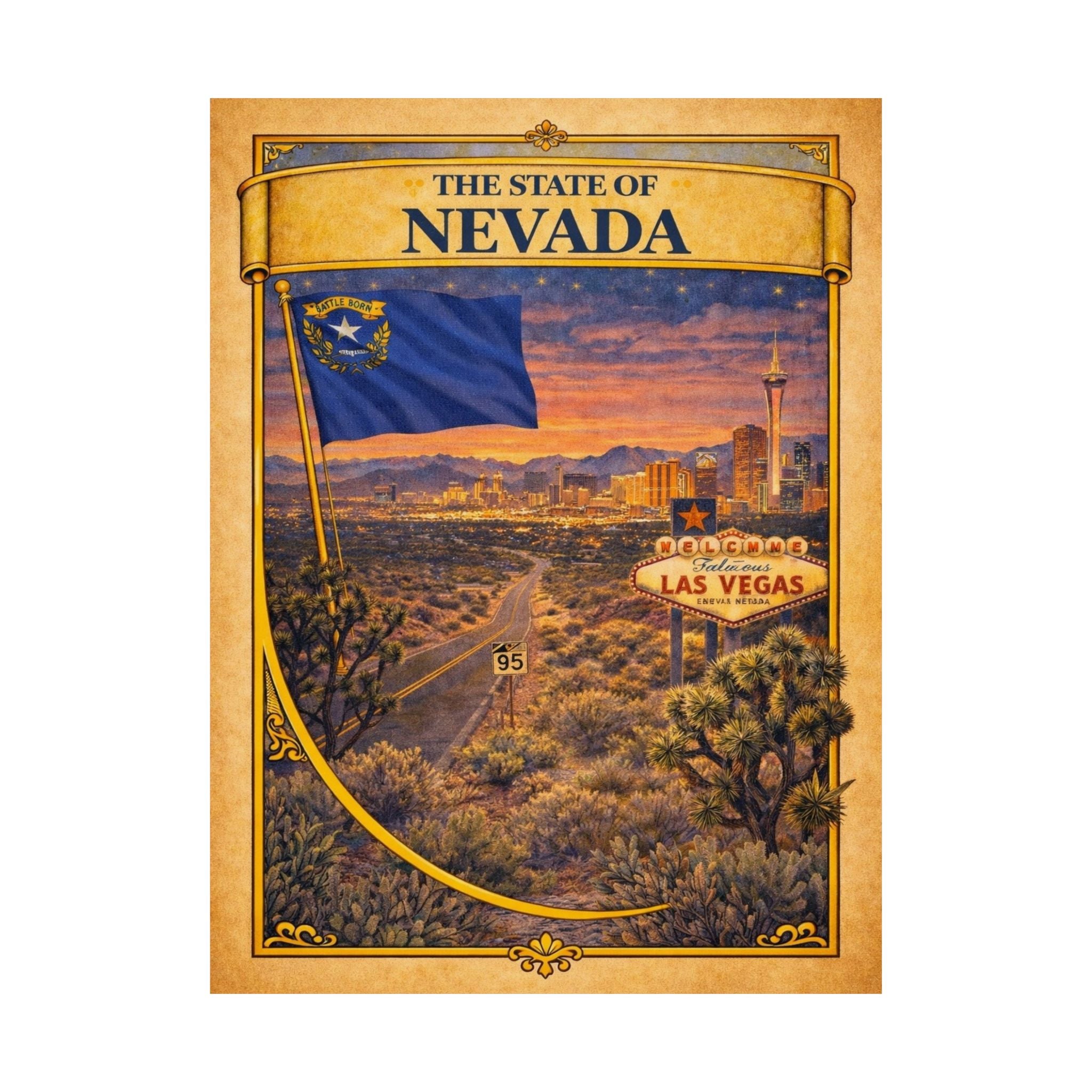 Nevada Vintage Travel Poster Matte Vertical Poster | Las Vegas State Flag