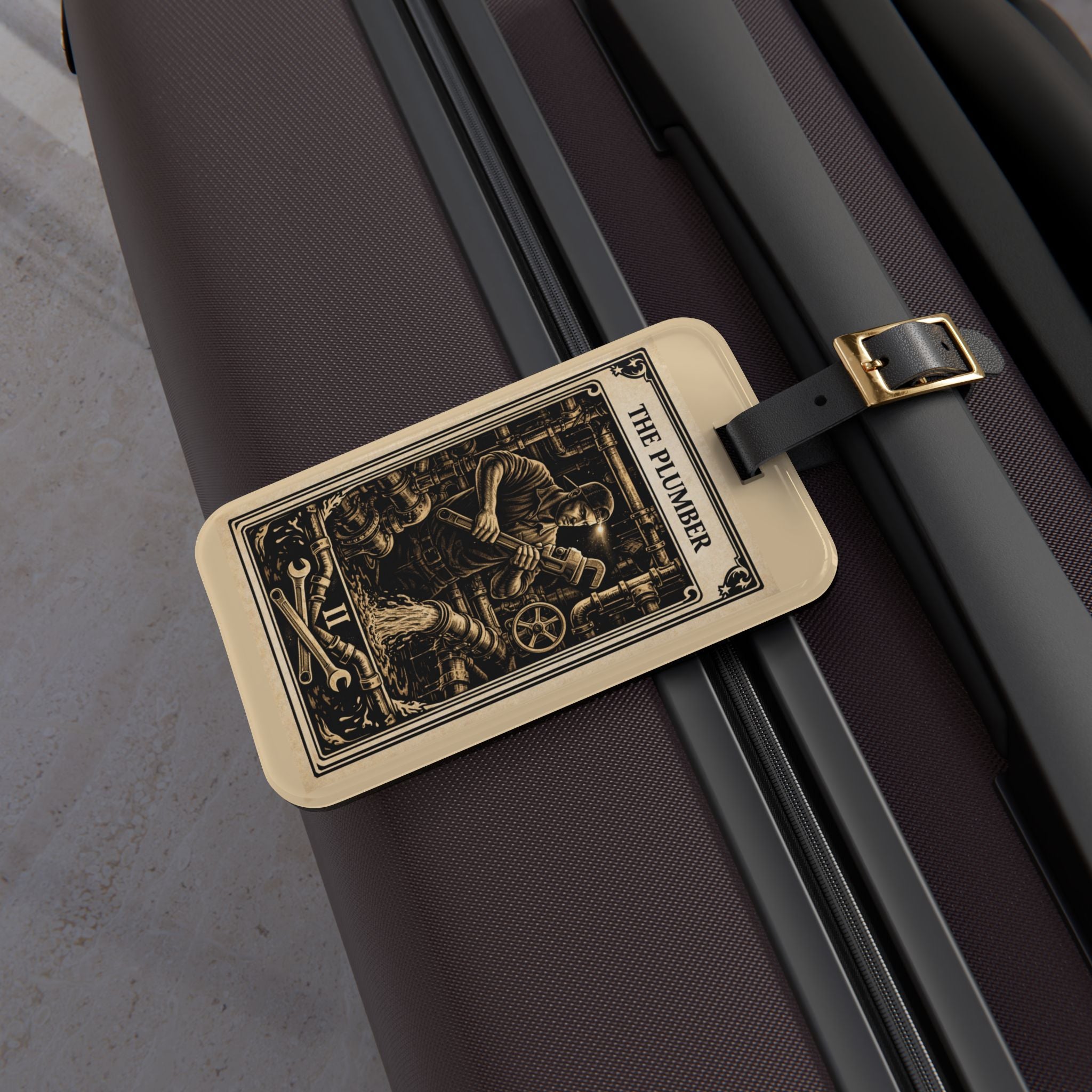 The Plumber Luggage Tag | Vintage Tarot Card Plumbing Illustration