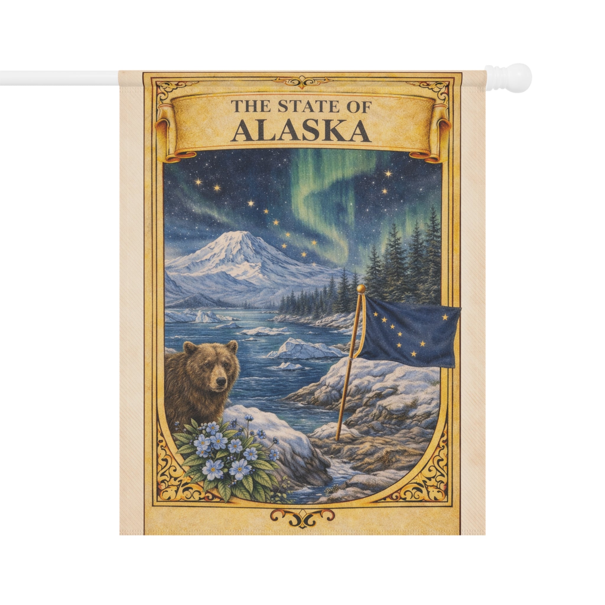 The State of Alaska Garden Banner | Alaska Flag, Northern Lights, Bear
