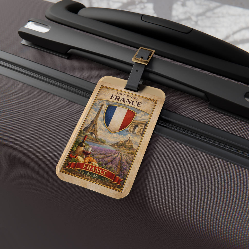 France Vintage Crest Luggage Tag | Eiffel Tower Lavender Fields