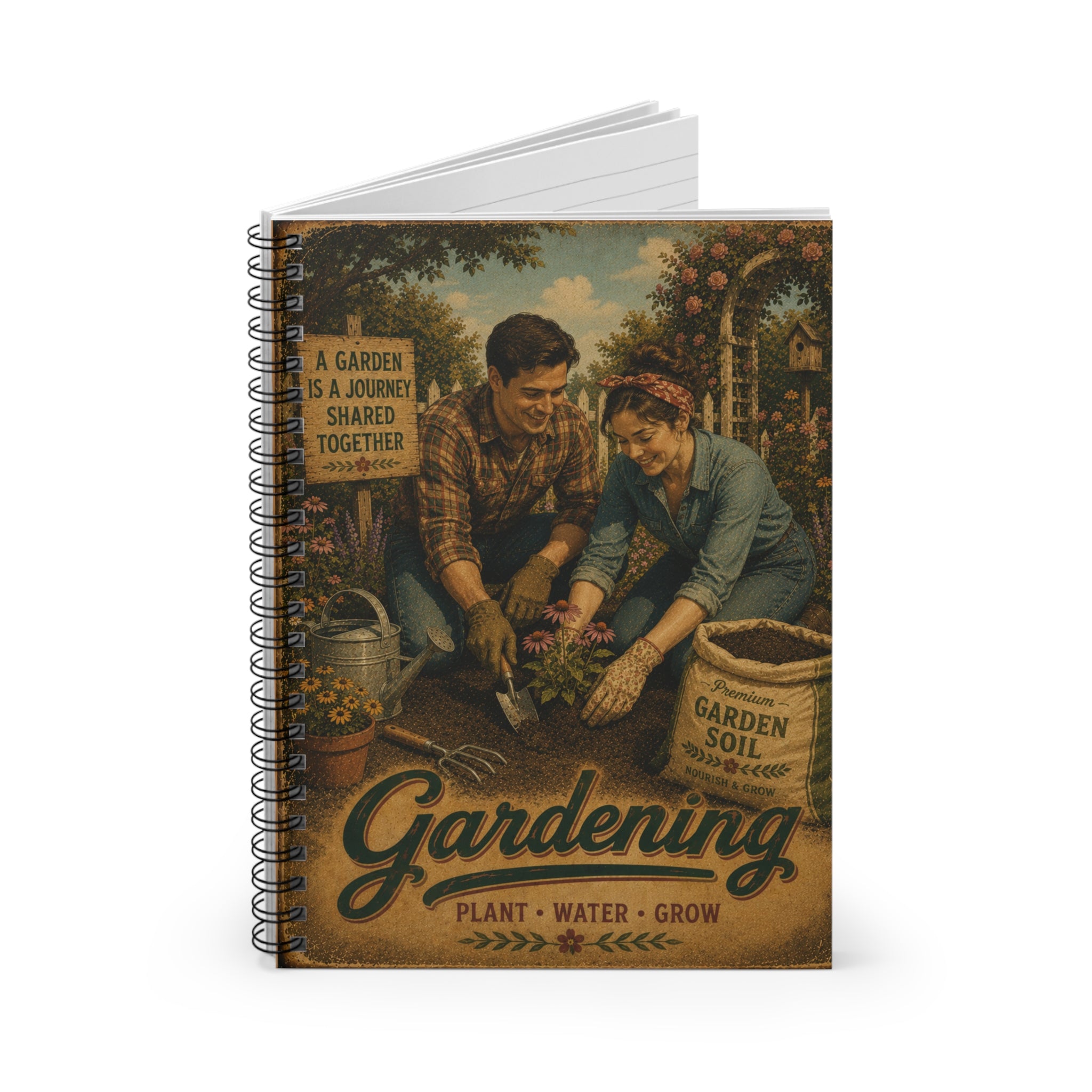 Vintage Gardening Couple Spiral Notebook | Ruled Journal, Plant Water Grow