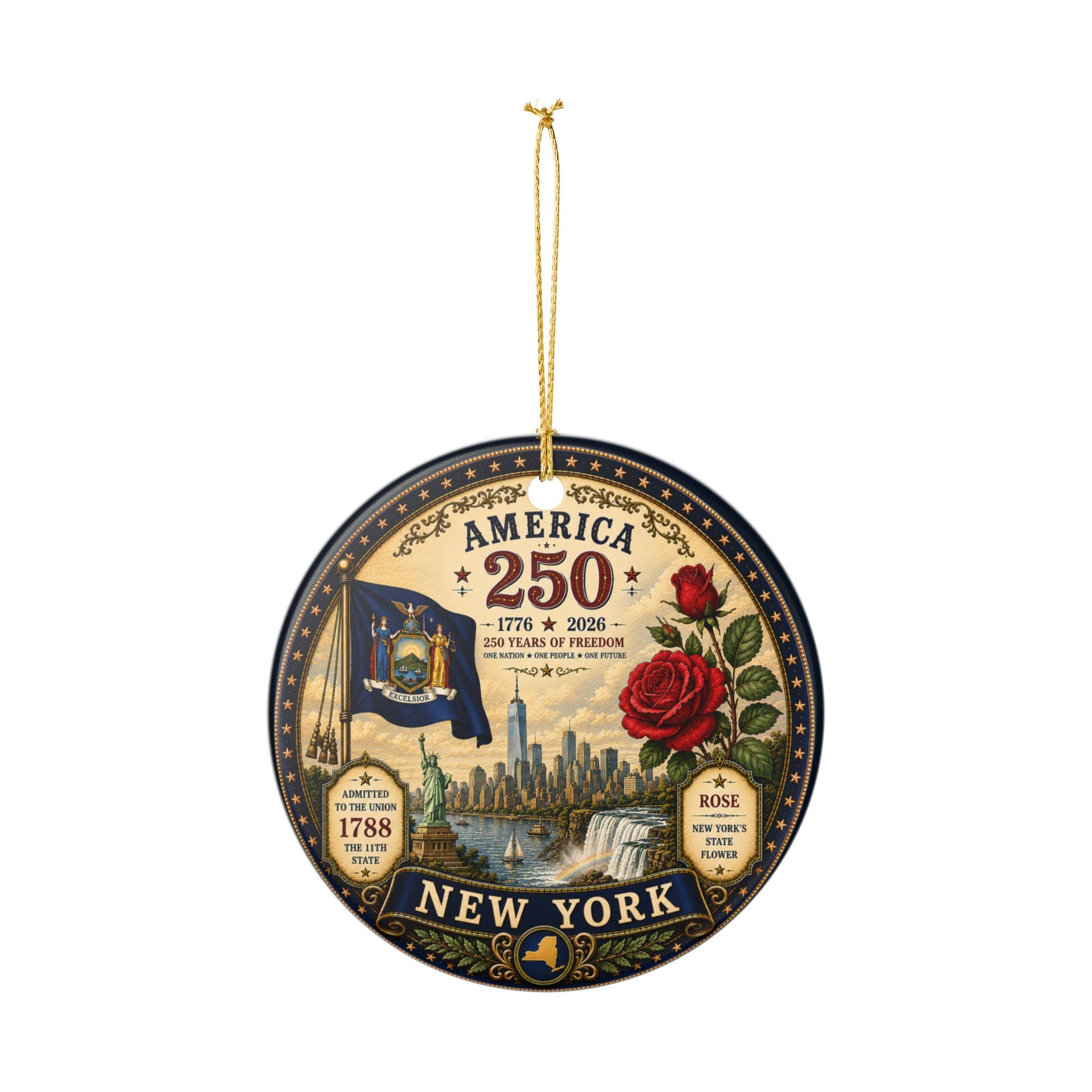 America 250 New York Ornament | State Flag, Rose, Skyline 1776-2026