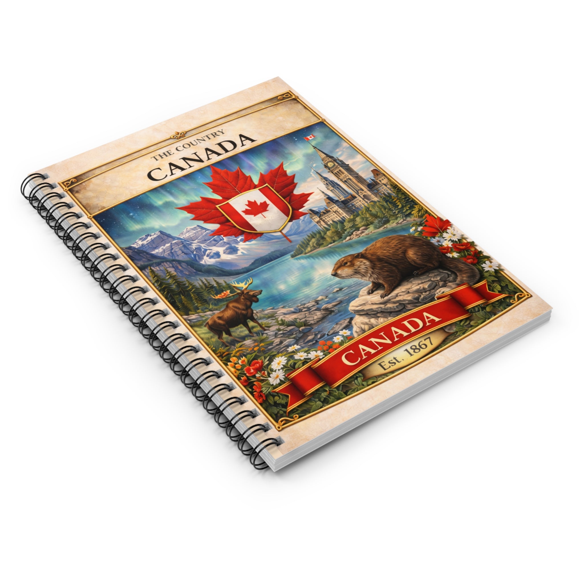 Canada Vintage Coat of Arms Notebook, Spiral Ruled Journal | Maple Leaf, Beaver, Moose