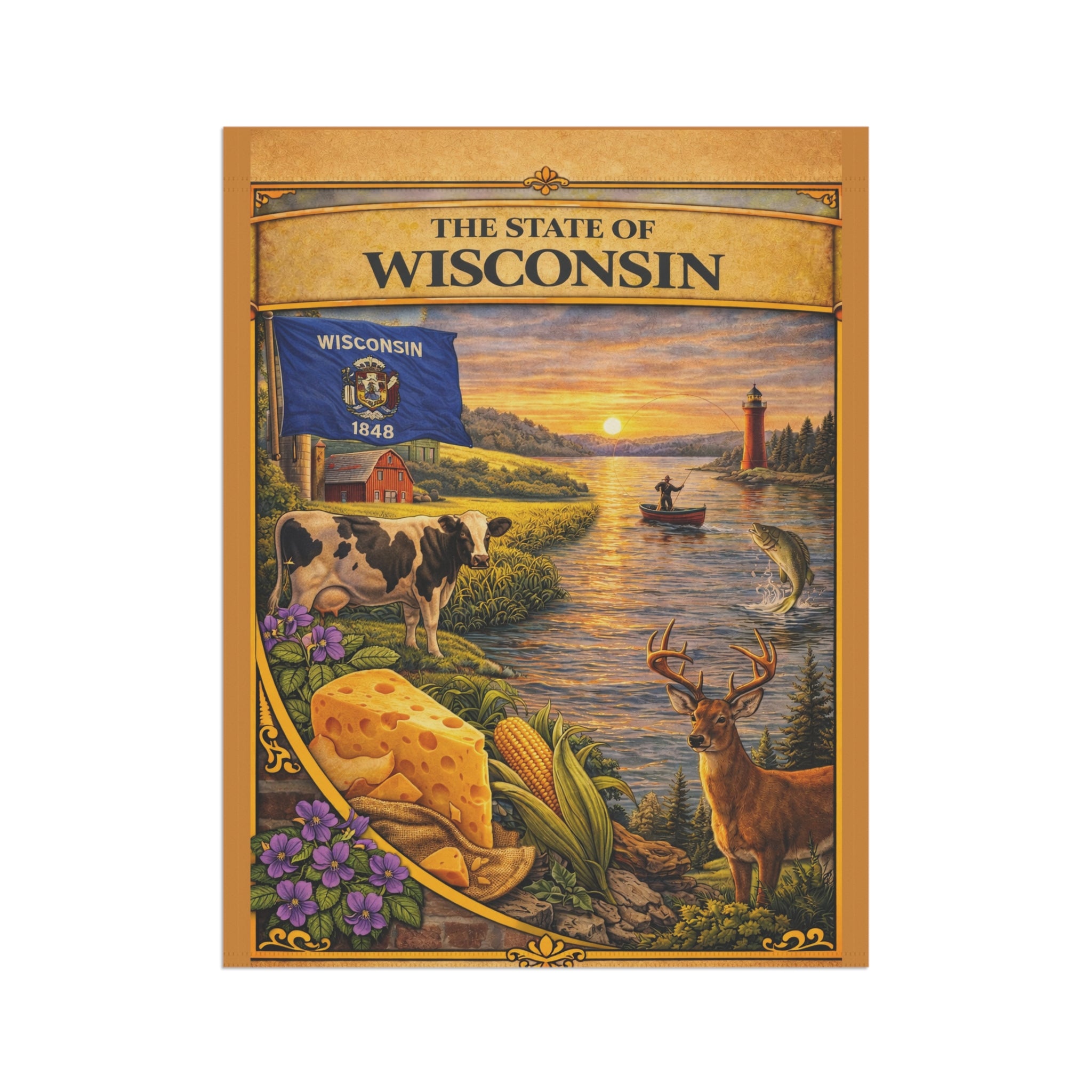 The State of Wisconsin Garden Banner | Flag, Lake Scene, Cow & Deer