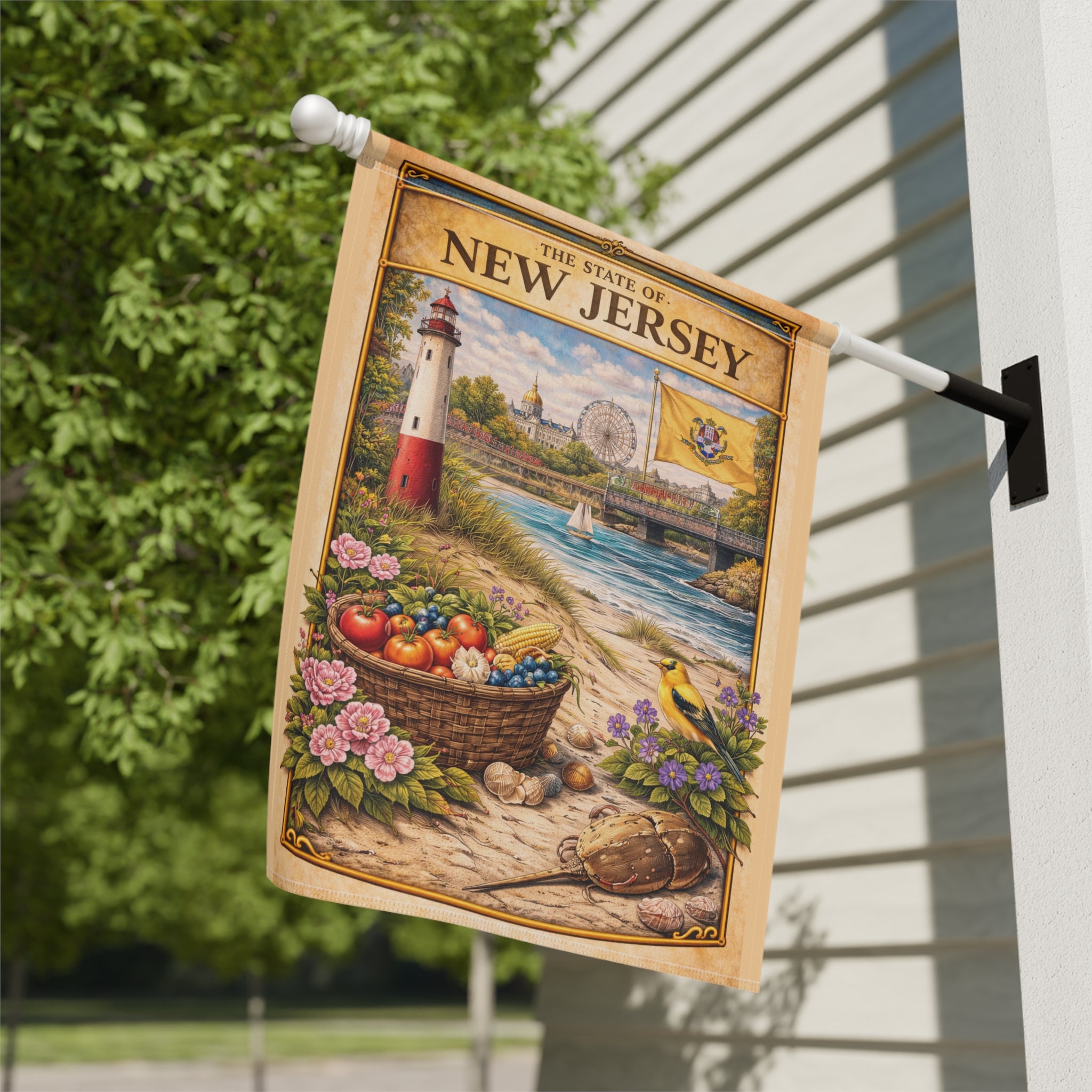 New Jersey Vintage Lighthouse Garden & House Banner | State Scene, Coastal Basket