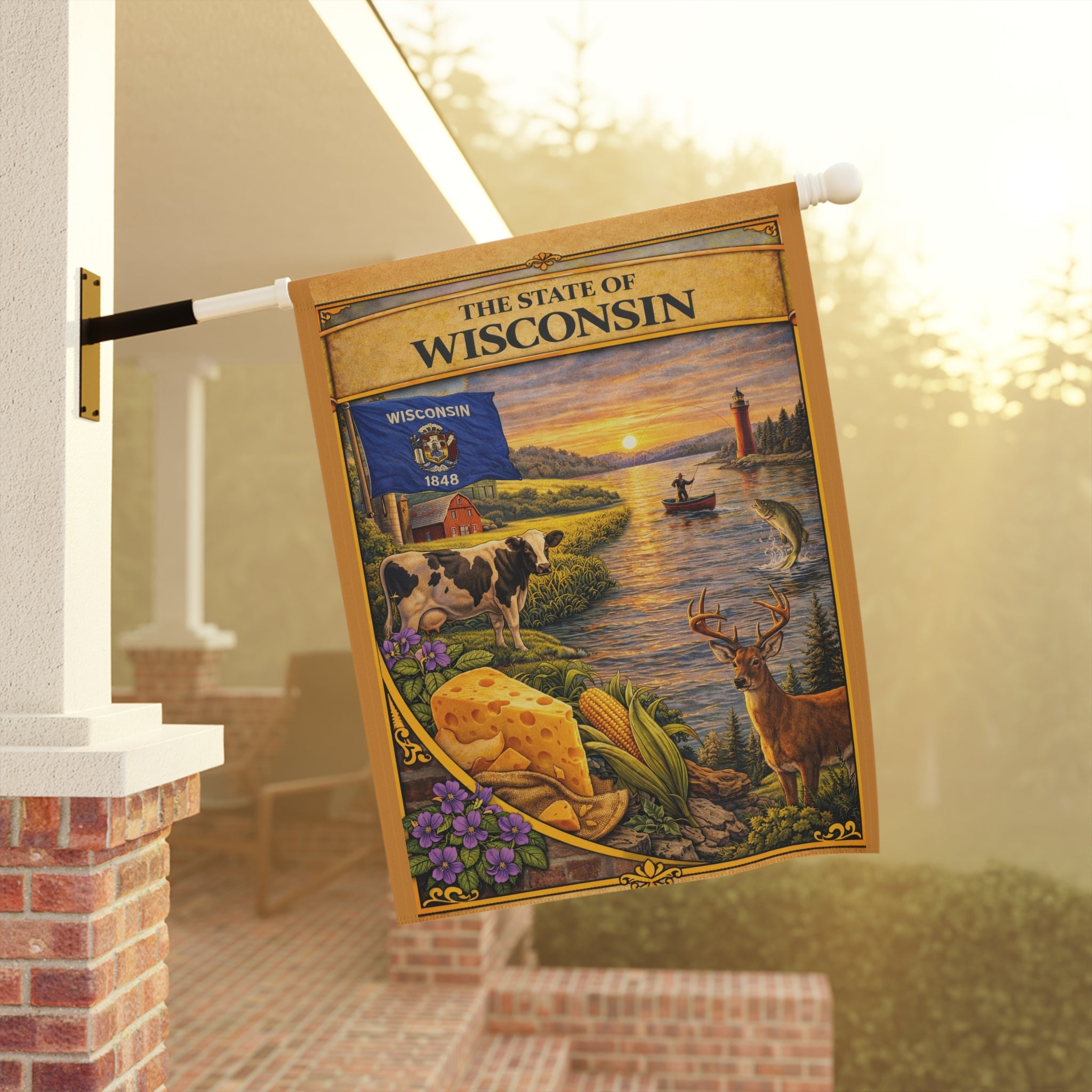 The State of Wisconsin Garden Banner | Flag, Lake Scene, Cow & Deer