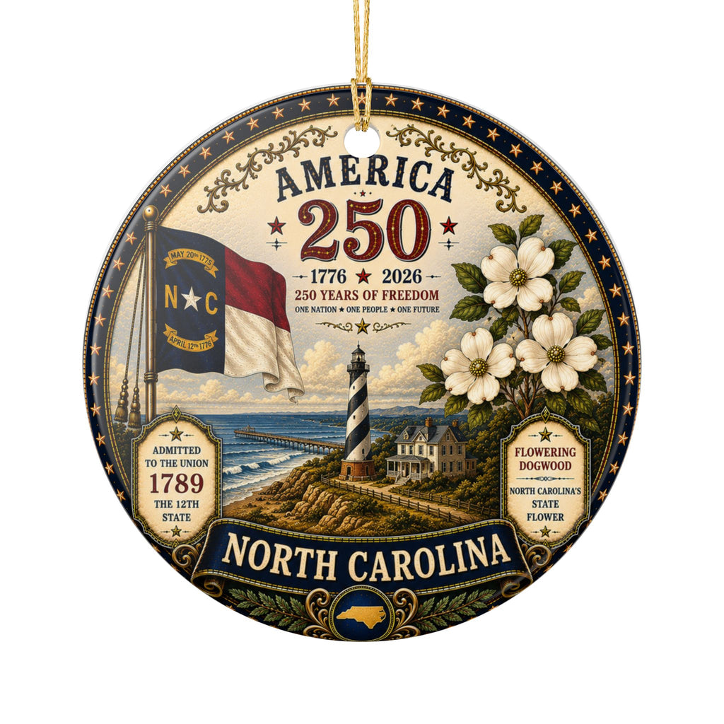 America 250 North Carolina Ceramic Ornament | Lighthouse, Dogwood, State Flag