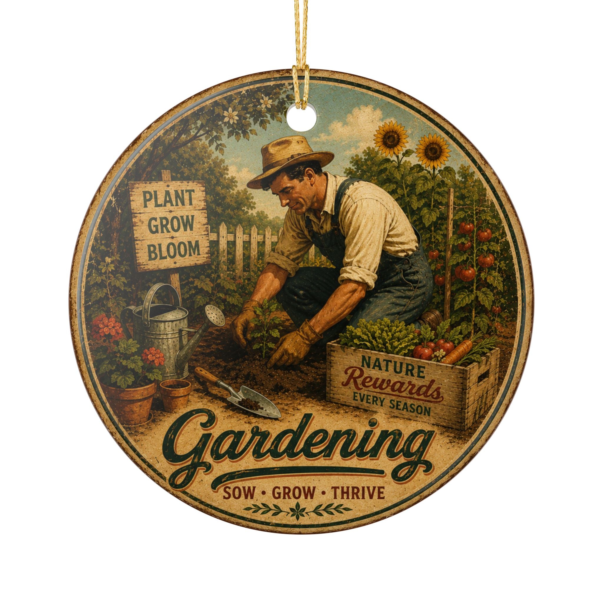 Gardening Vintage Farmer Illustration Ornament | Ceramic Garden Decor