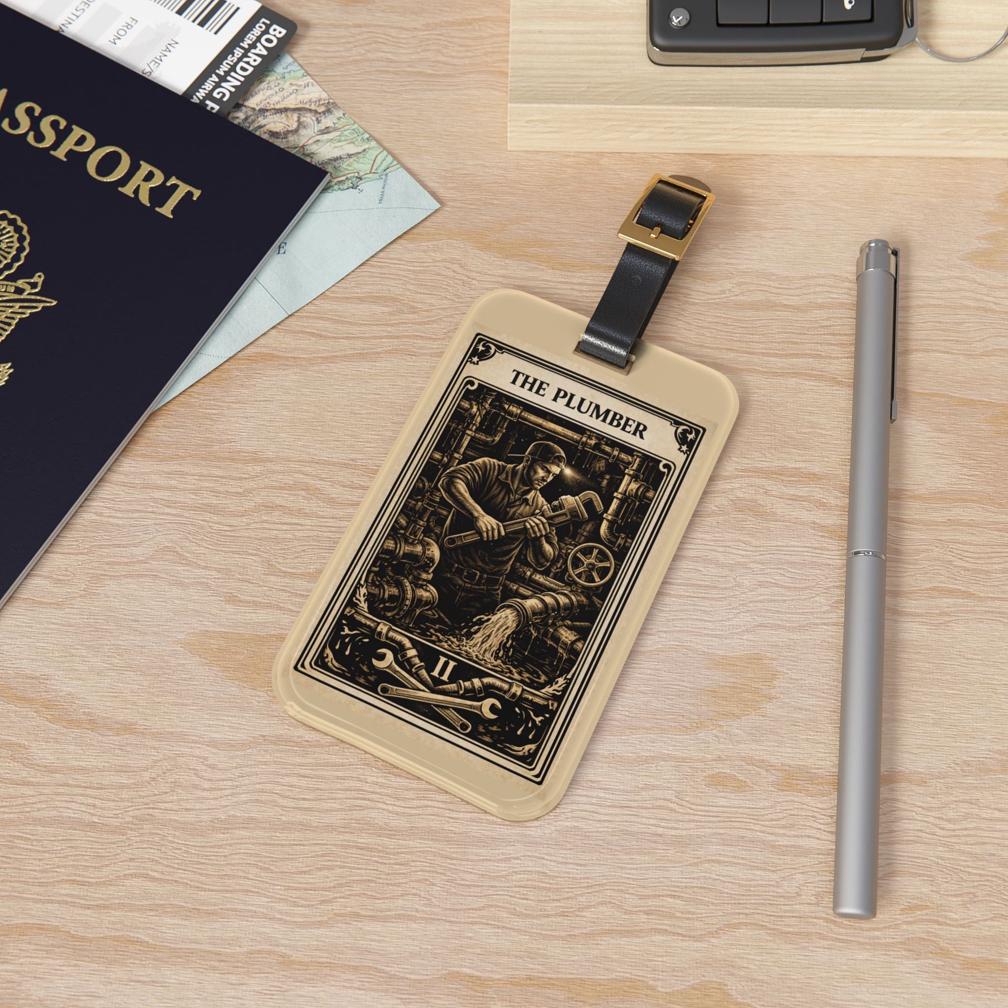 The Plumber Luggage Tag | Vintage Tarot Card Plumbing Illustration