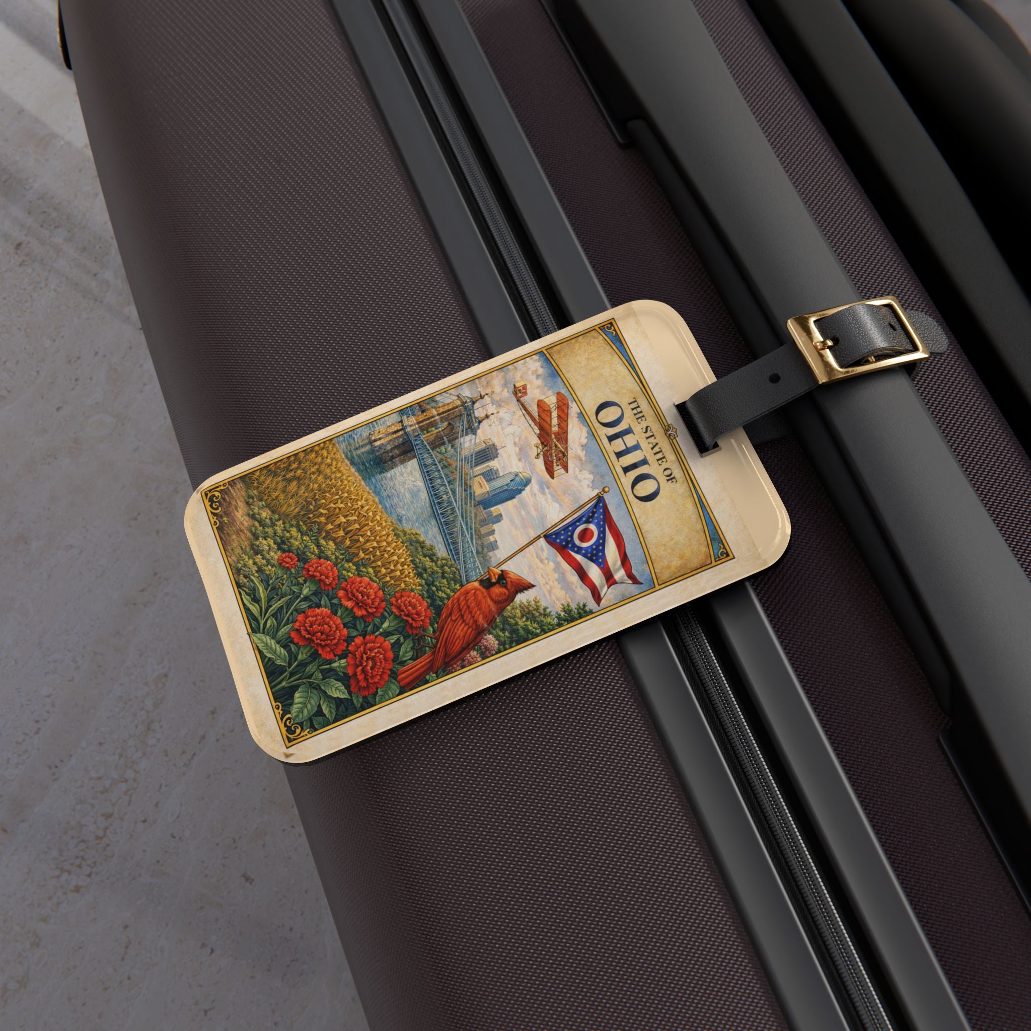 Ohio State Vintage Travel Luggage Tag | Cardinal, Skyline, State Flag