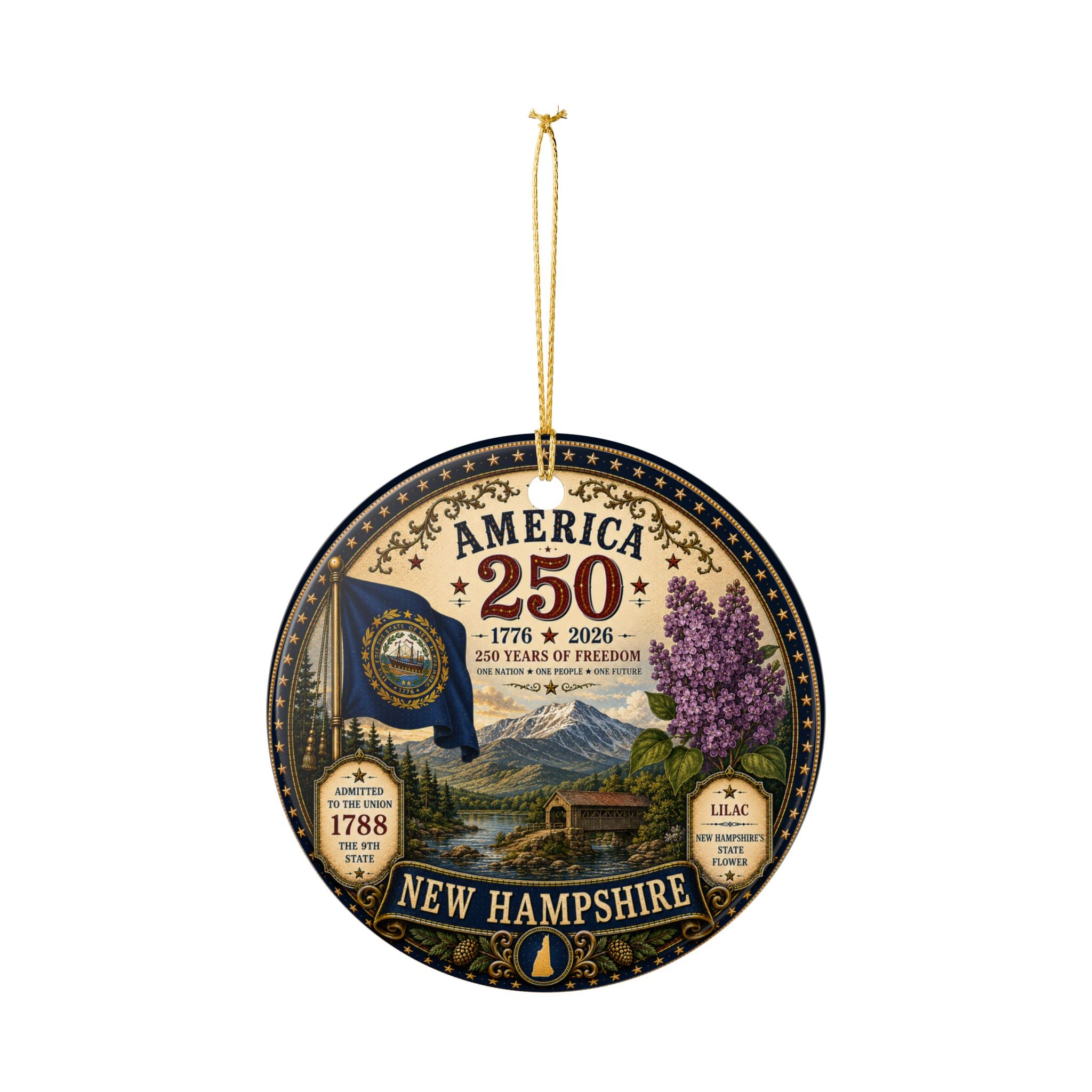 America 250 New Hampshire Ceramic Ornament | State Flag Lilac 1776-2026