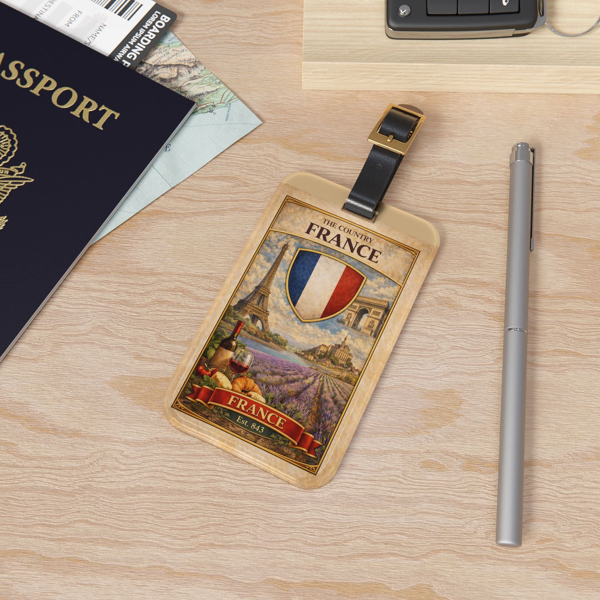 France Vintage Crest Luggage Tag | Eiffel Tower Lavender Fields