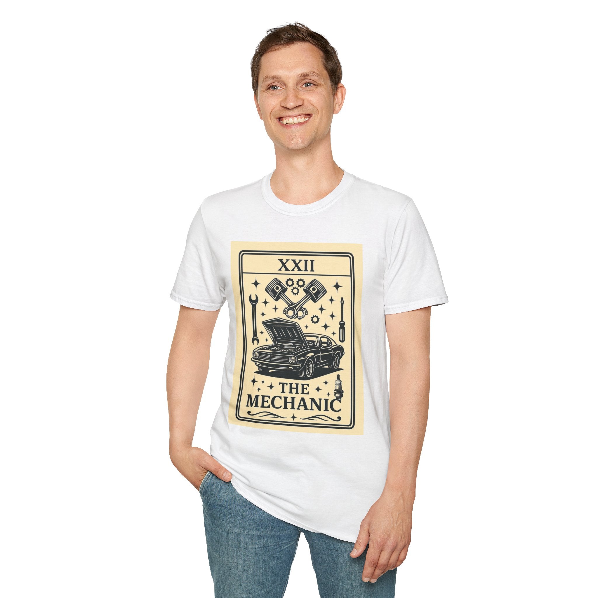 Tarot Mechanic Illustration T-Shirt | The Mechanic card, car engine tools