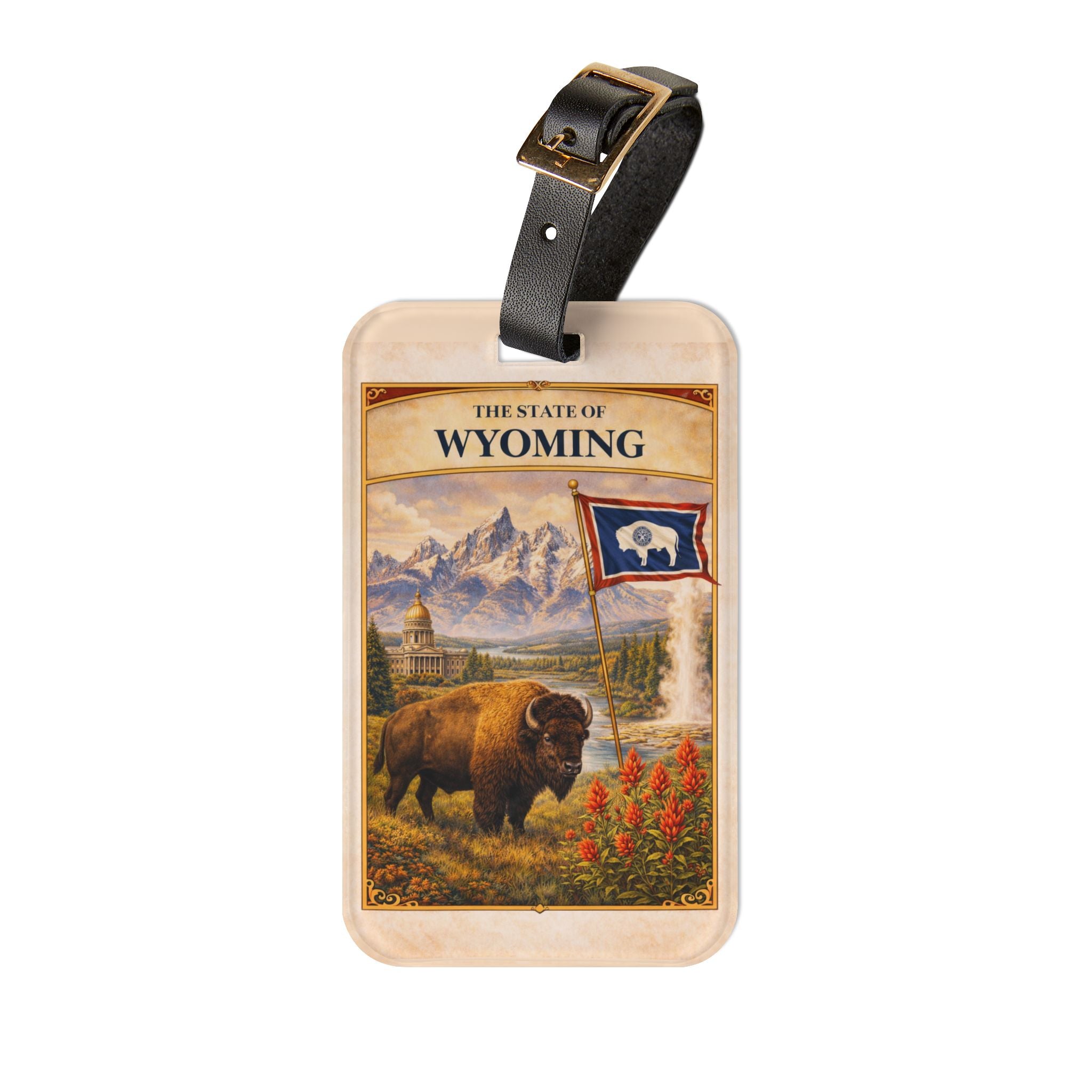 Wyoming State Buffalo Scenic Luggage Tag | Vintage Travel Badge