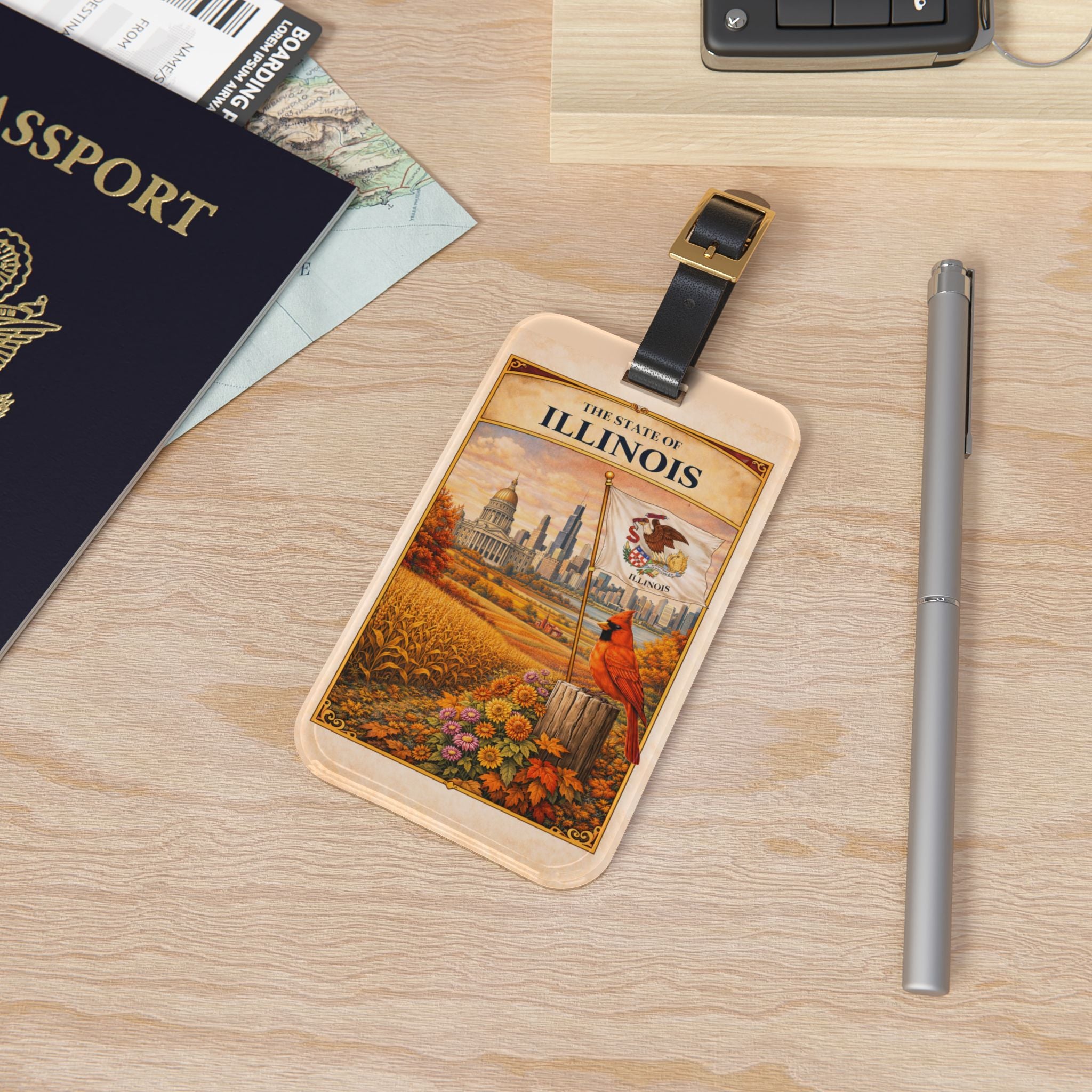 Illinois State Scenic Luggage Tag | Cardinal, Capitol, Autumn Landscape