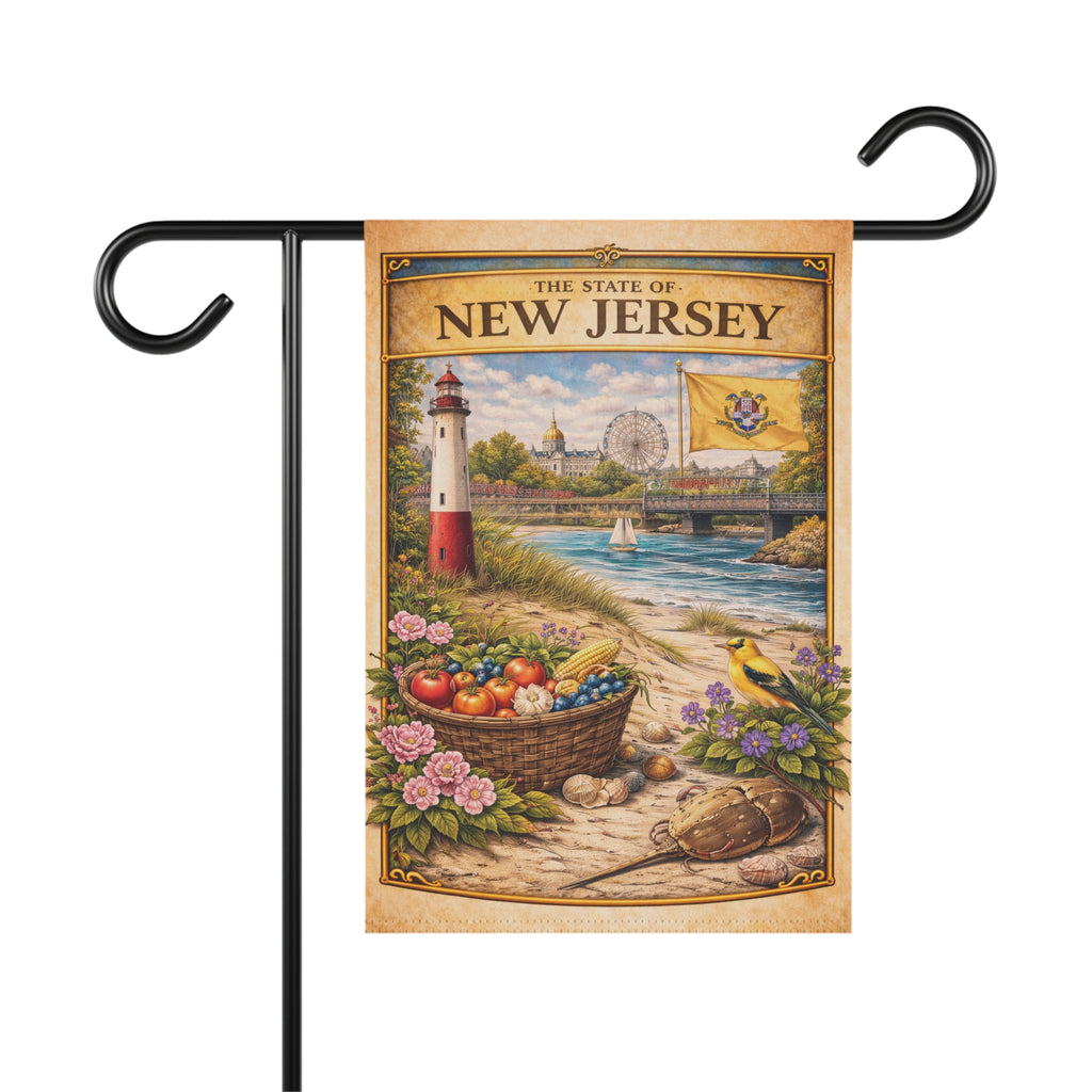 New Jersey Vintage Lighthouse Garden & House Banner | State Scene, Coastal Basket