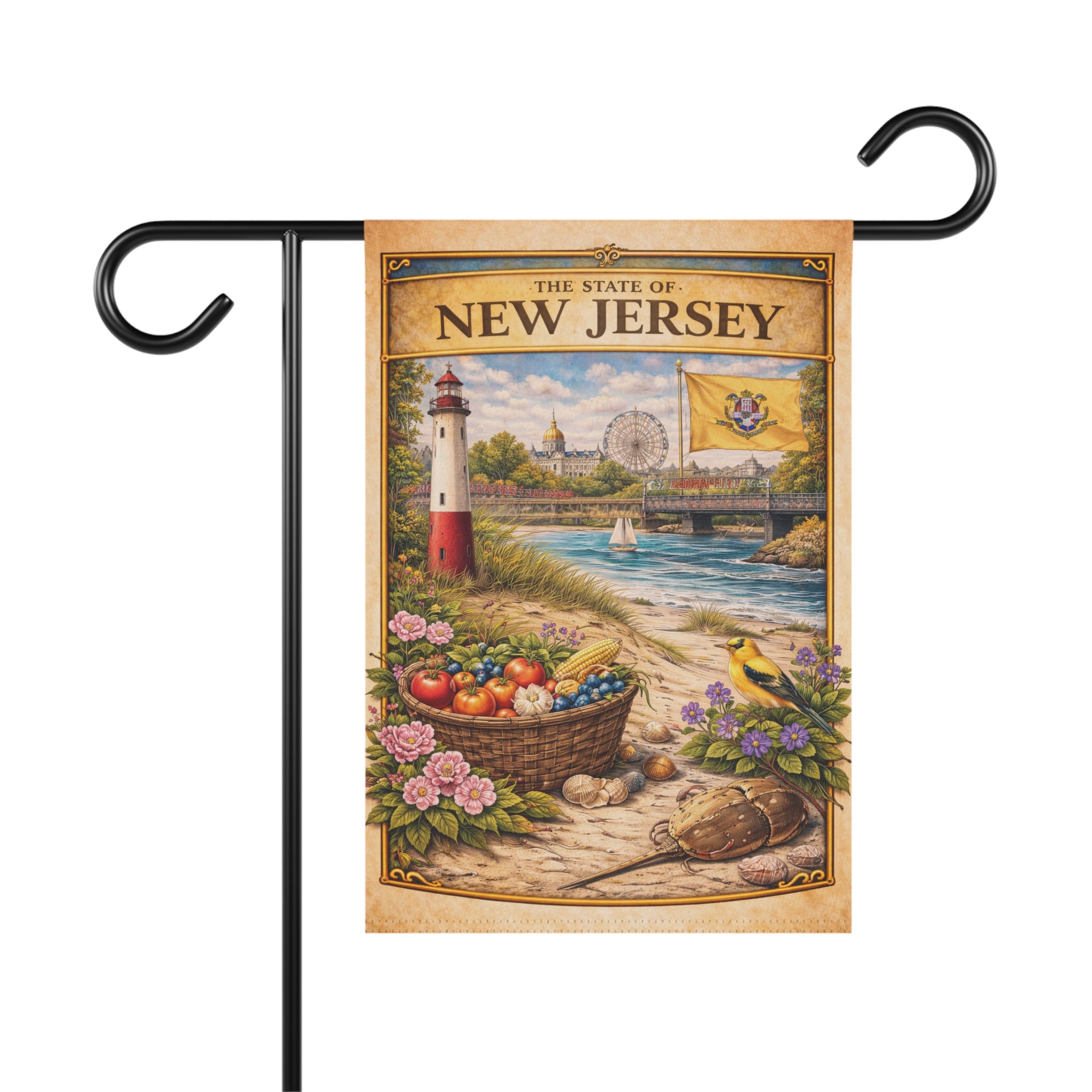 New Jersey Vintage Lighthouse Garden & House Banner | State Scene, Coastal Basket