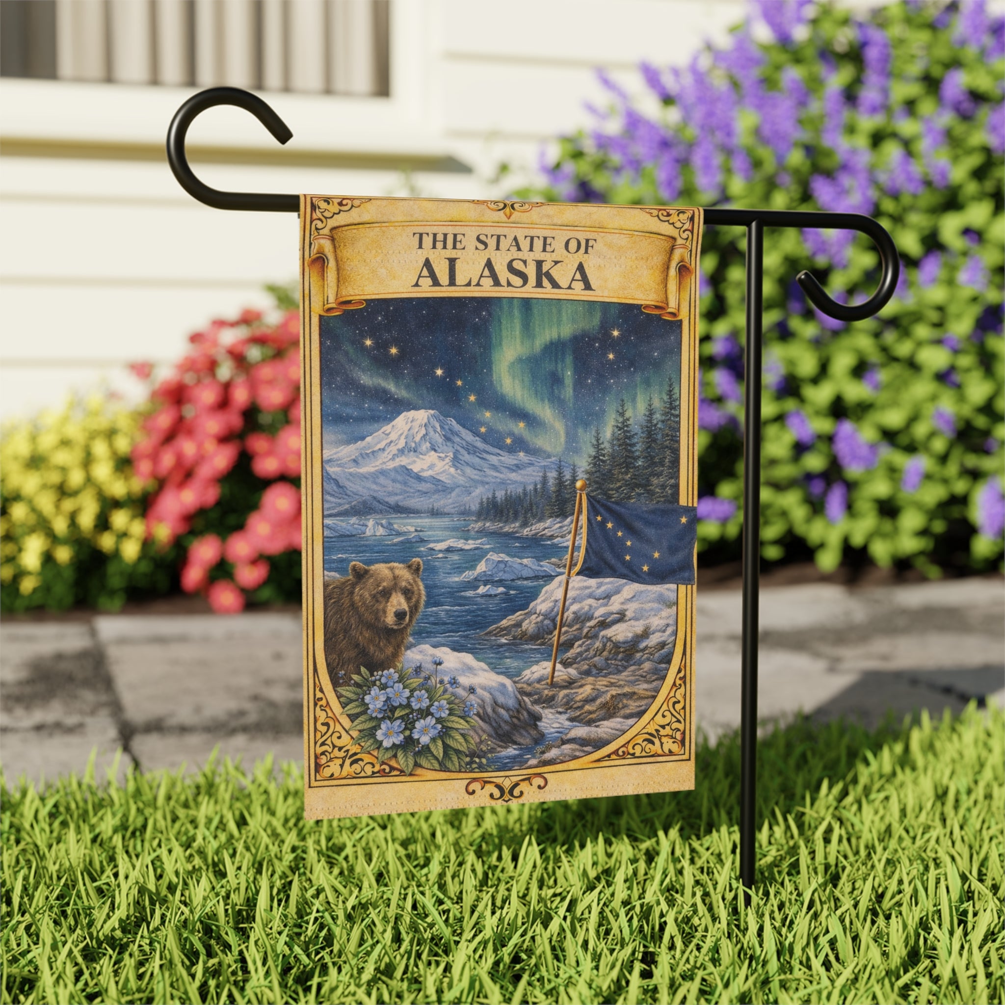 The State of Alaska Garden Banner | Alaska Flag, Northern Lights, Bear