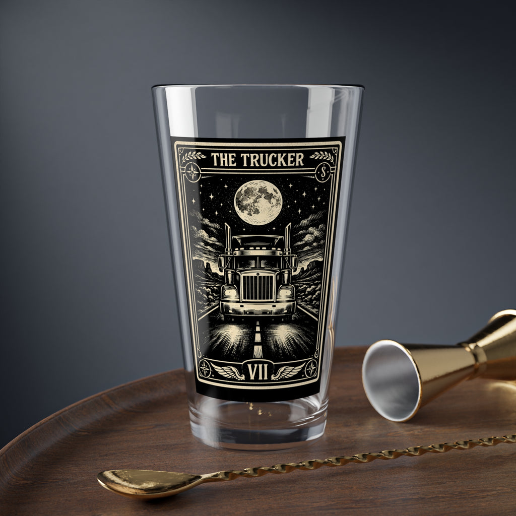The Trucker tarot card design Mixing Glass | 16oz