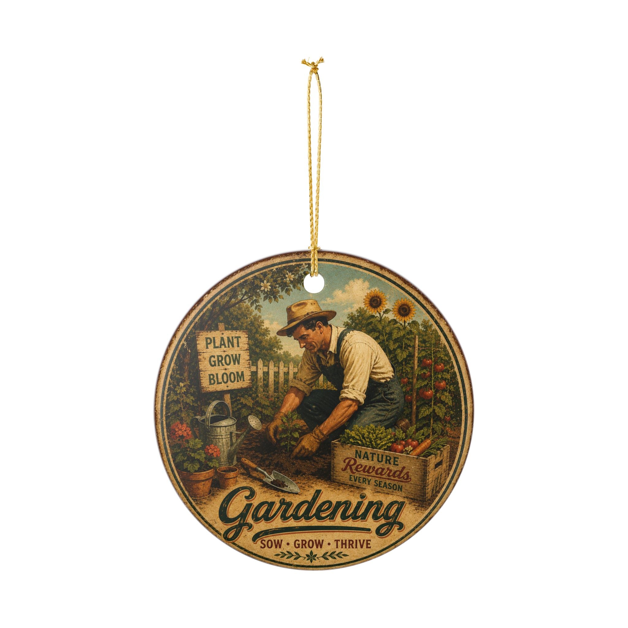 Gardening Vintage Farmer Illustration Ornament | Ceramic Garden Decor