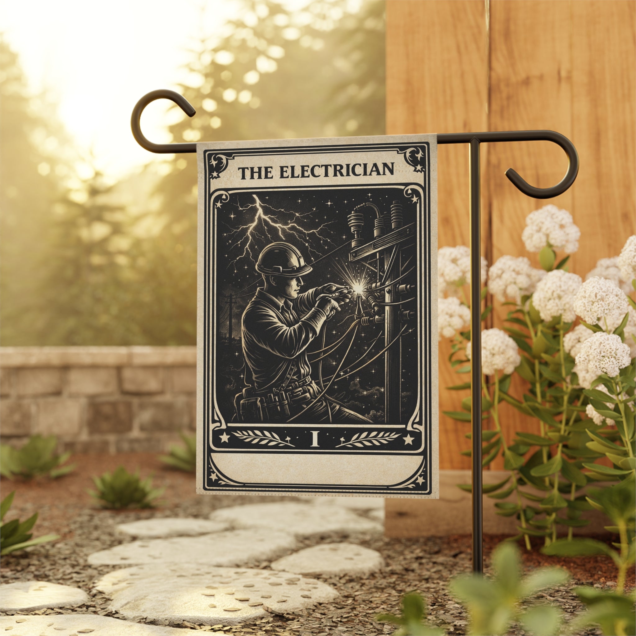 The Electrician tarot-style Garden Banner | Vintage lineman illustration