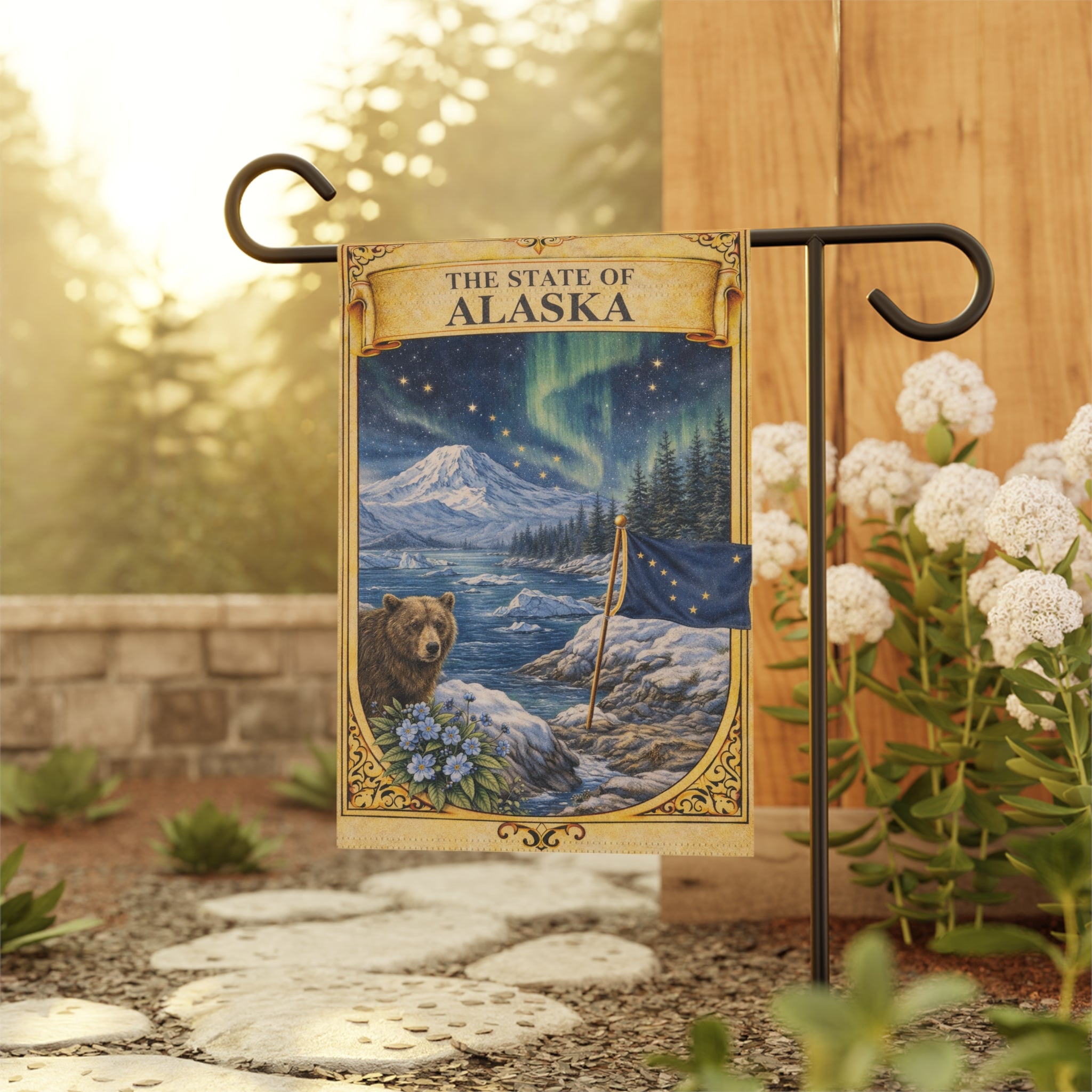 The State of Alaska Garden Banner | Alaska Flag, Northern Lights, Bear