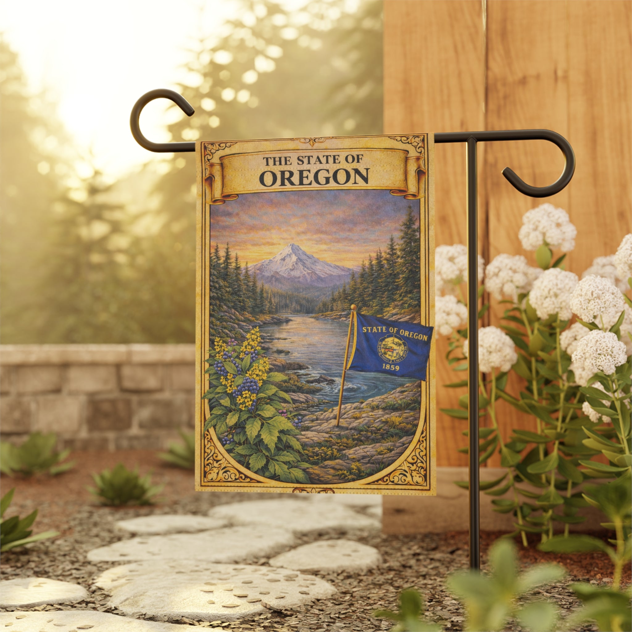 The State of Oregon scenic flag Garden Flag | Mt. Hood river landscape