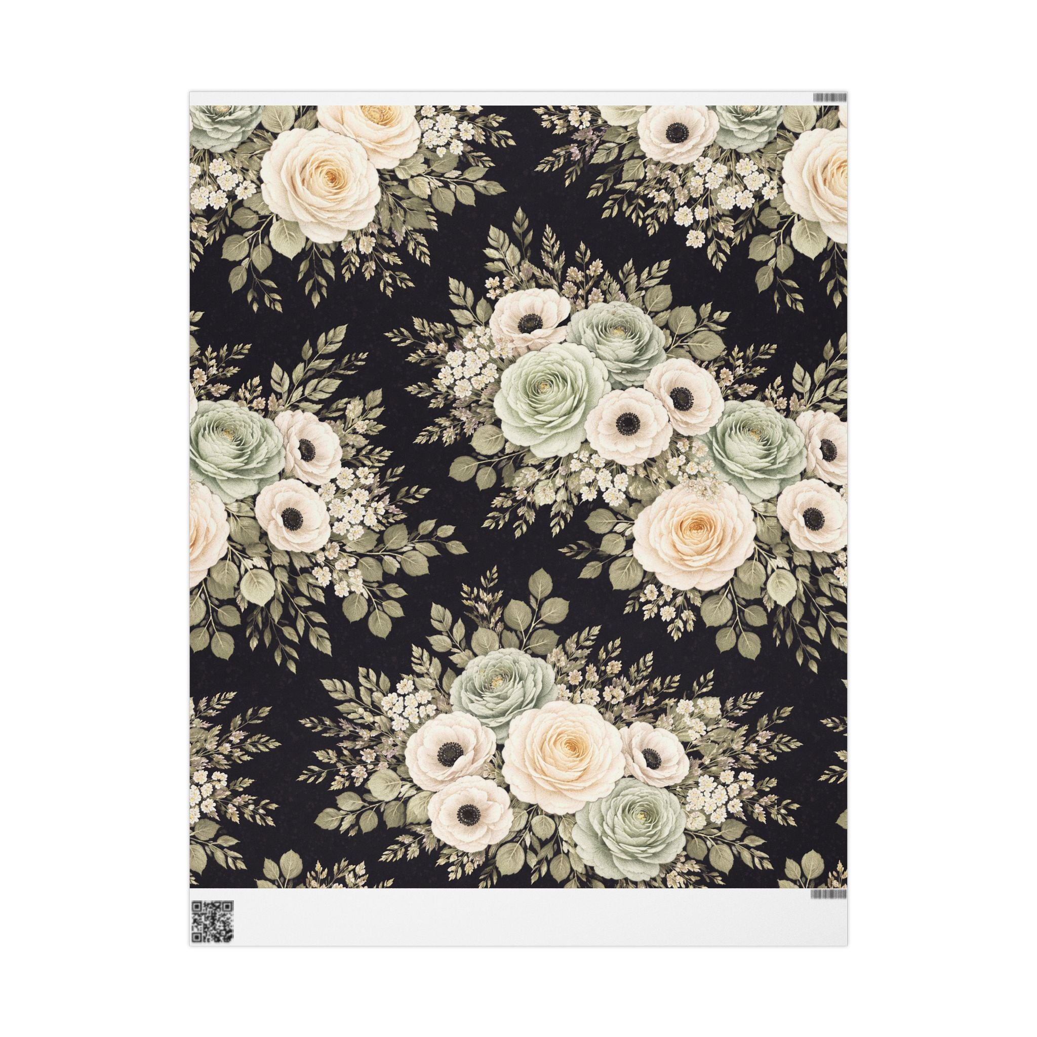 Vintage Cream Roses Wrapping Paper | Floral Gift Wrap, Black Background
