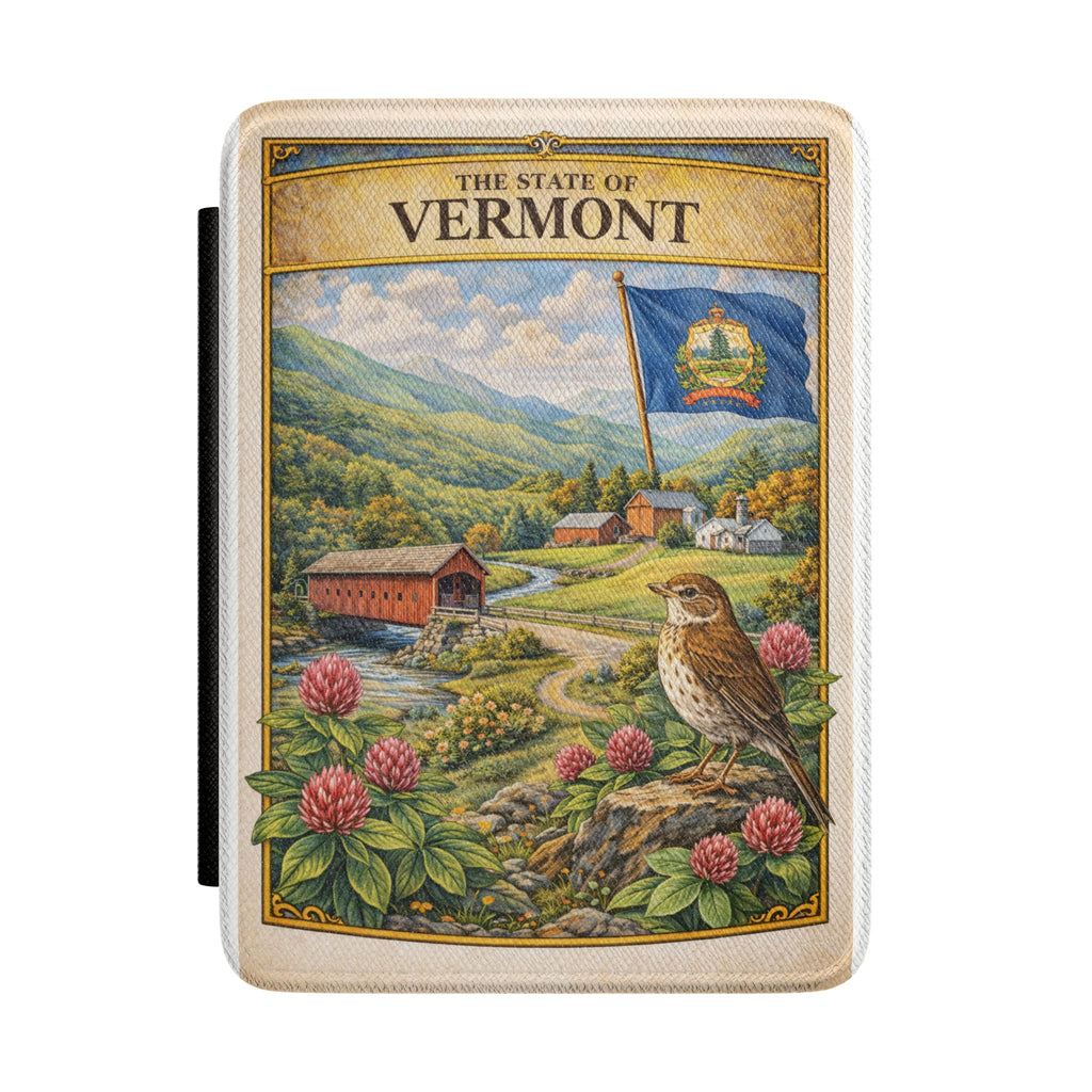 The State of Vermont Illustration Kindle Case | Covered Bridge, Flag, Bird, Scenic Landscape