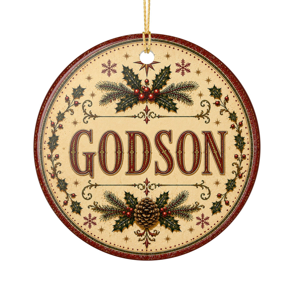 Godson Christmas Ornament | Ceramic Holiday Decoration, Pinecone Holly Design
