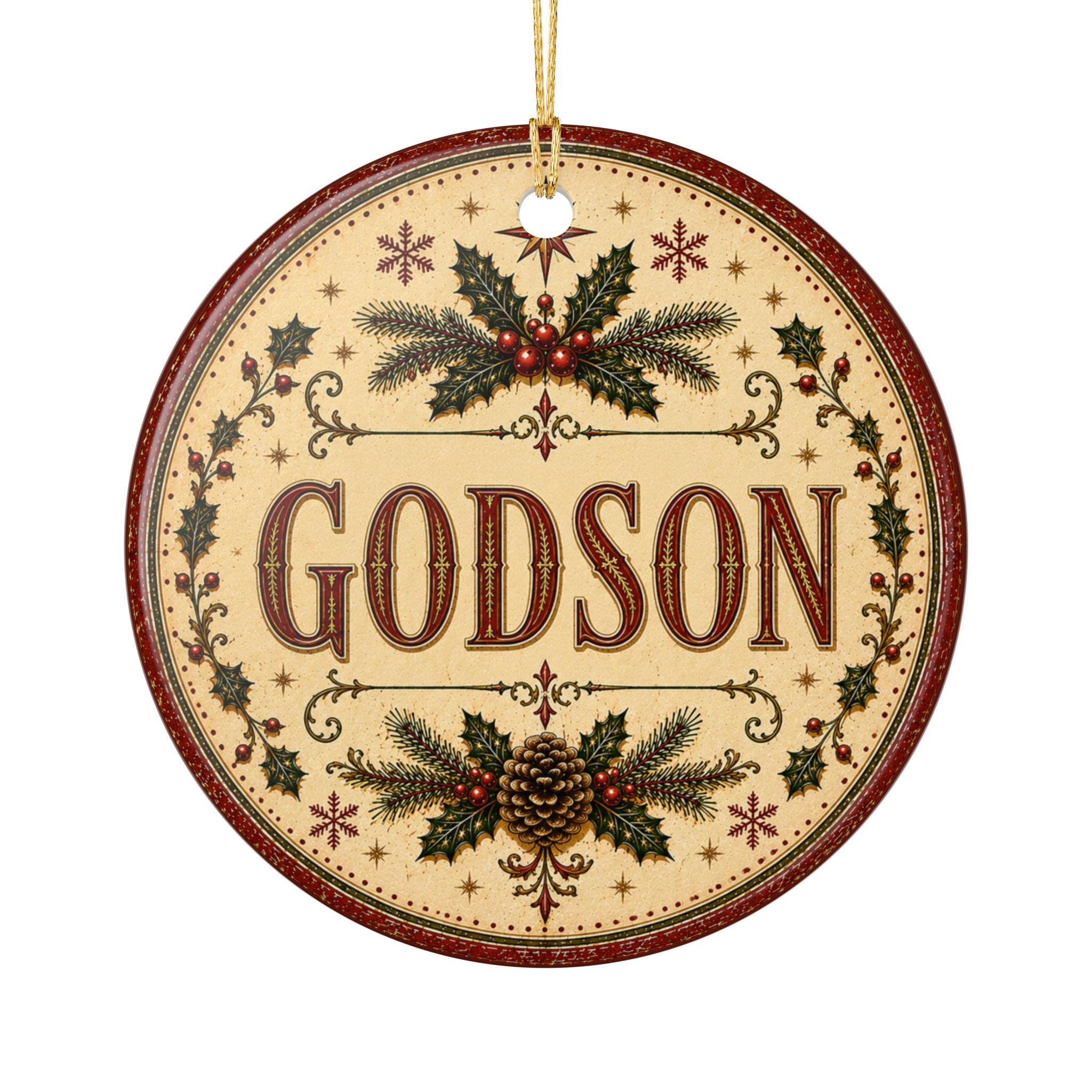 Godson Christmas Ornament | Ceramic Holiday Decoration, Pinecone Holly Design