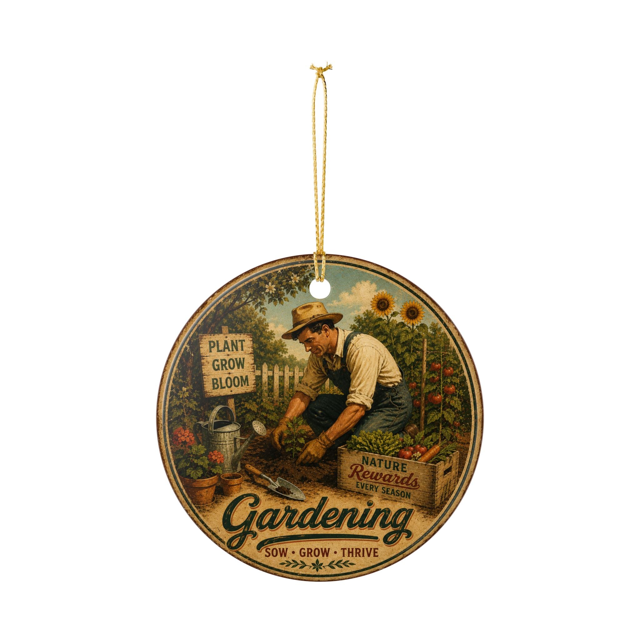 Gardening Vintage Farmer Illustration Ornament | Ceramic Garden Decor
