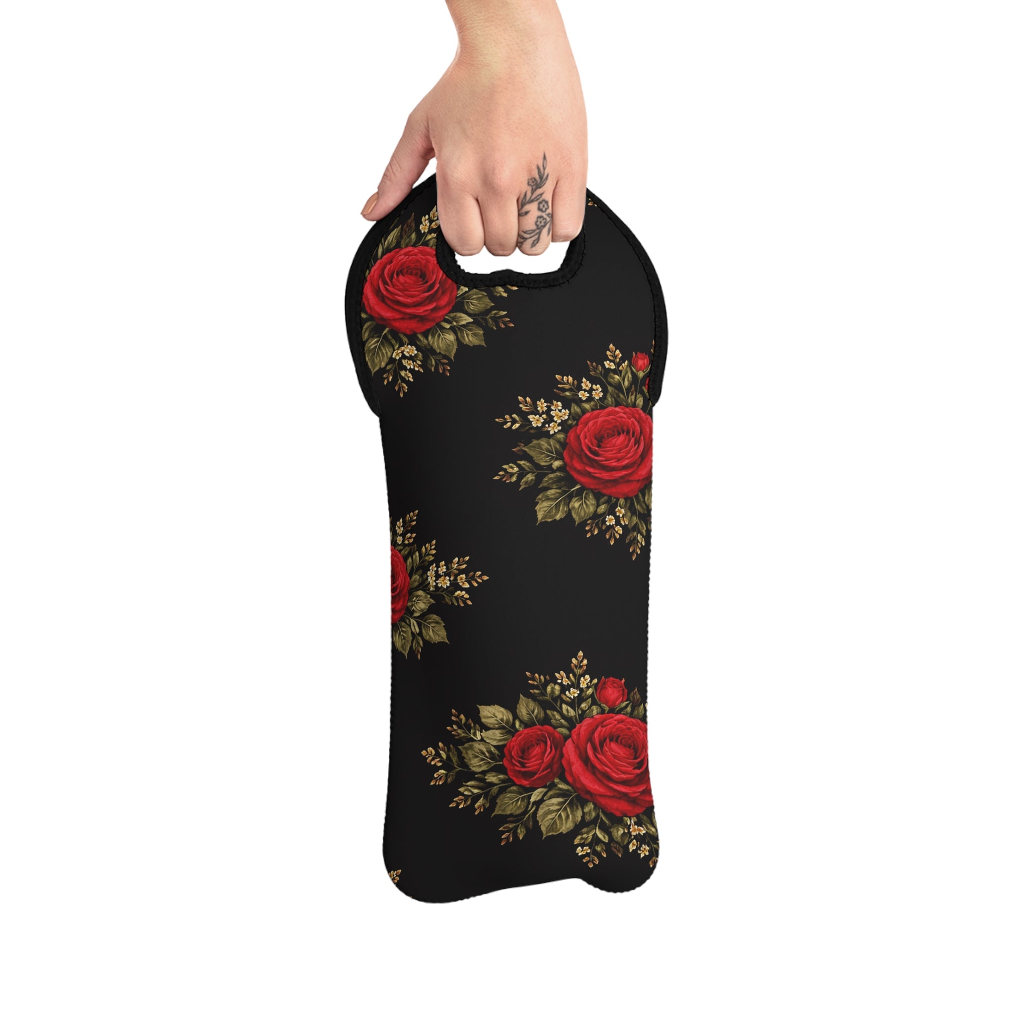 Red Rose Floral Wine Tote | Black Background, Vintage Bouquet Pattern
