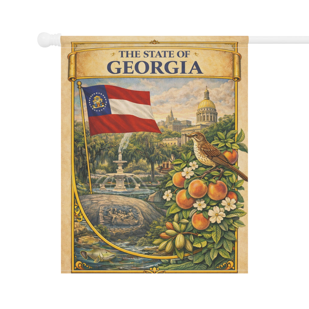 The State of Georgia Vintage Flag Garden & House Banner | Peach, Capitol, Mockingbird