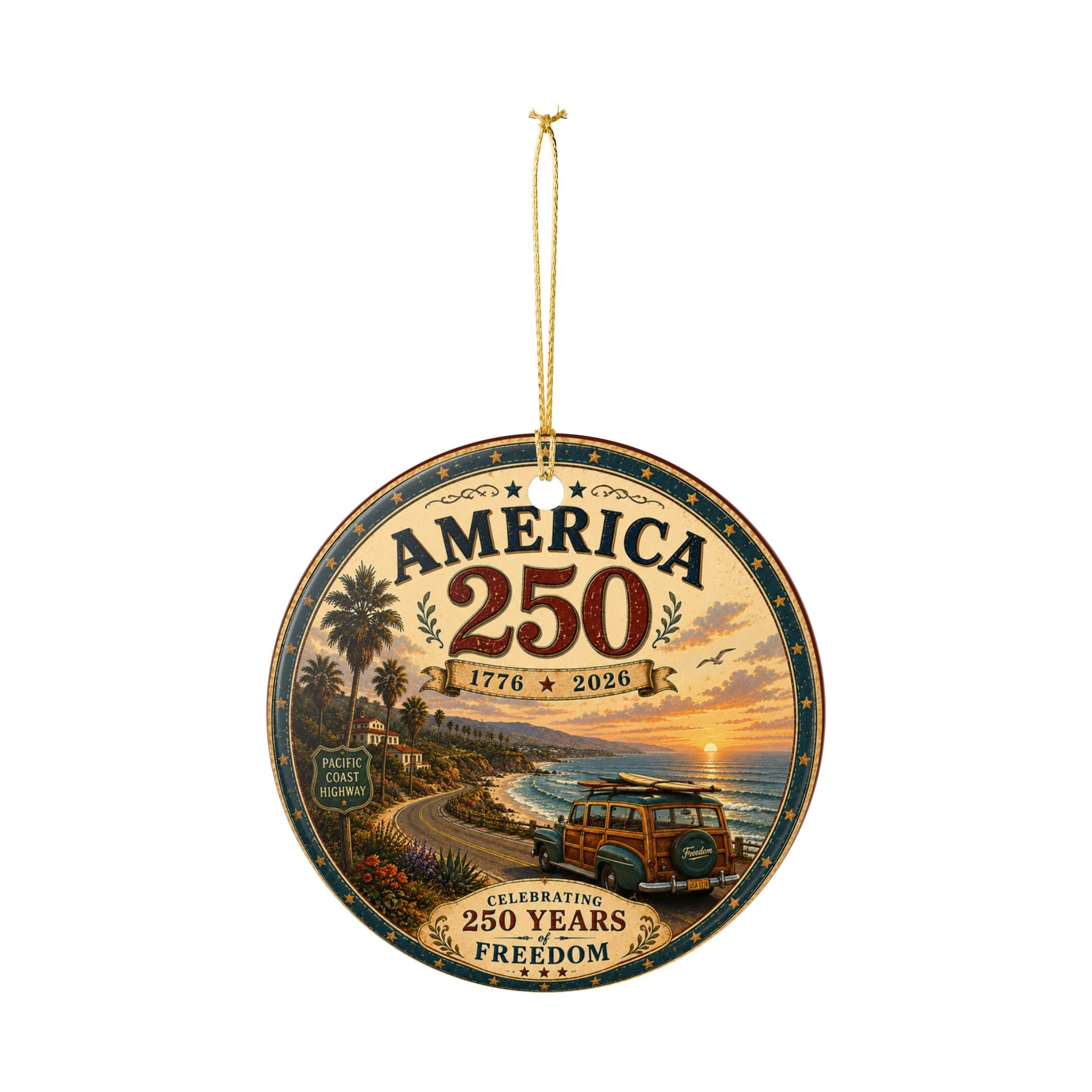 America 250 Round Ceramic Ornament | 1776-2026 Patriotic Anniversary Decoration