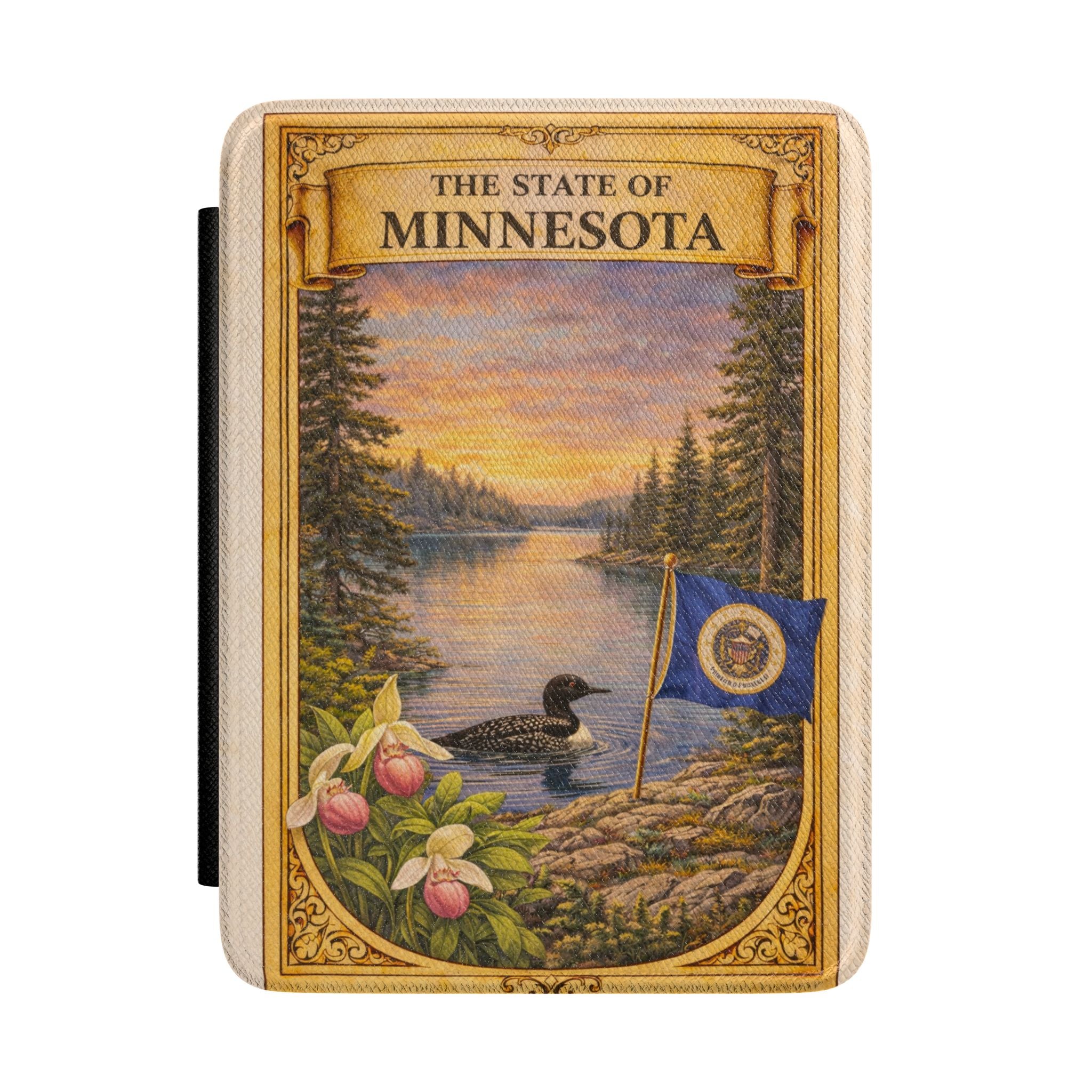 The State of Minnesota scenic lakeside design Kindle Case | Minnesota flag, loon, lady's slipper