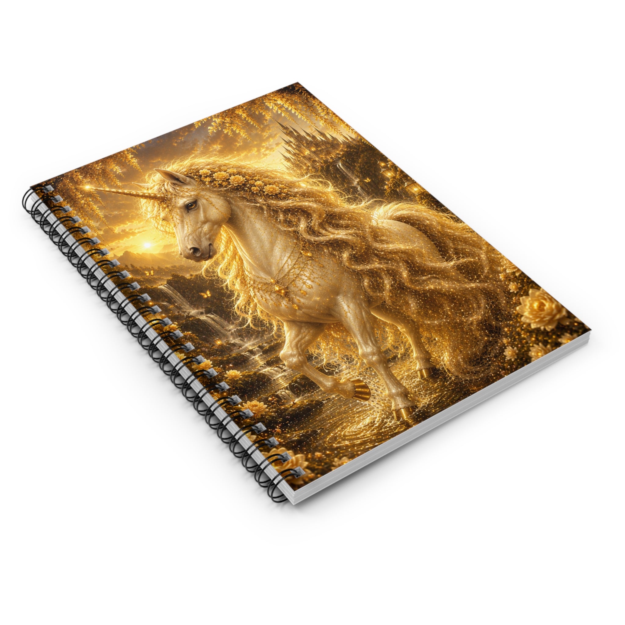 Golden Unicorn Notebook | Spiral Ruled Journal, Fantasy Horse Art