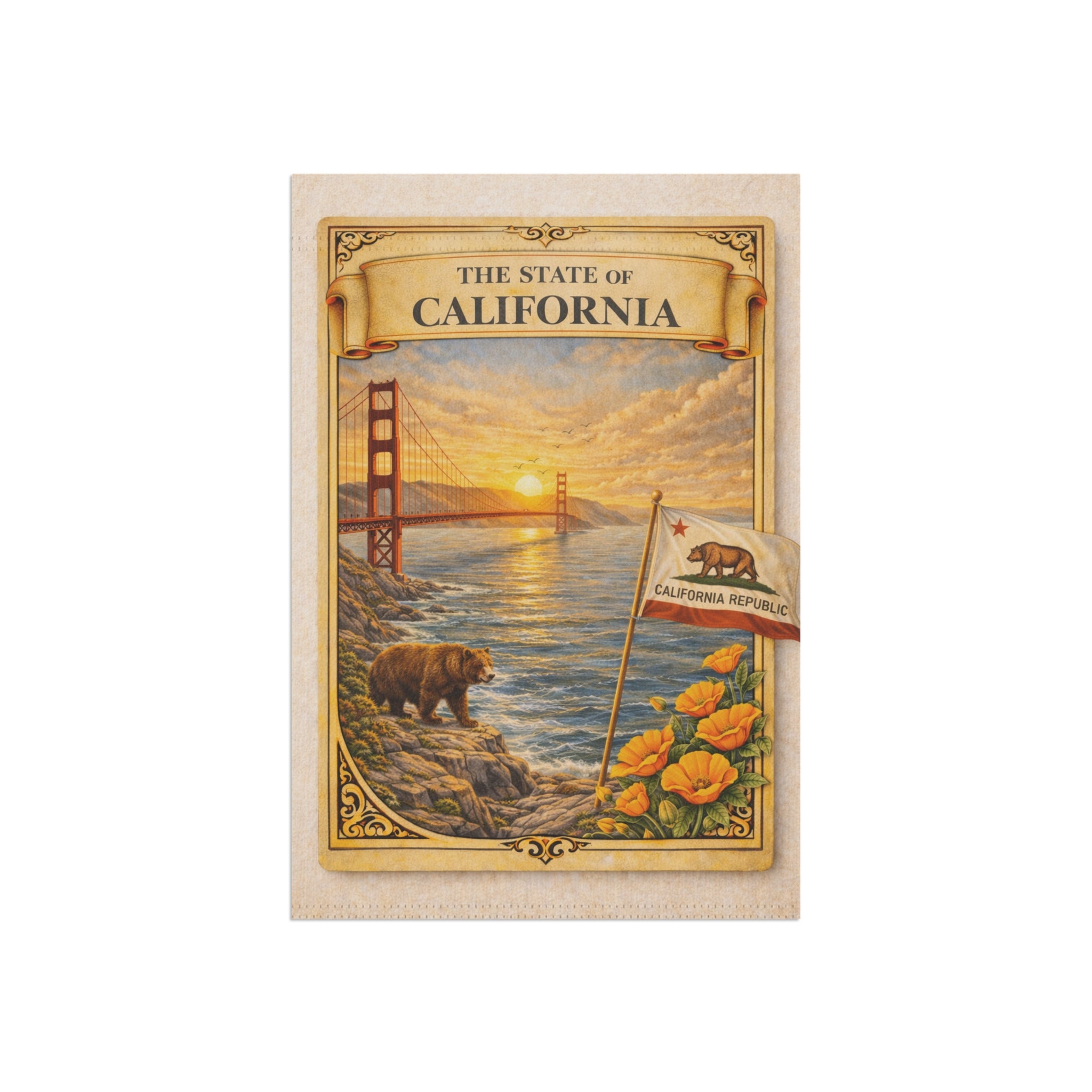 California State Scenic Poster Garden Flag | House Banner, Golden Gate, Bear & Poppies