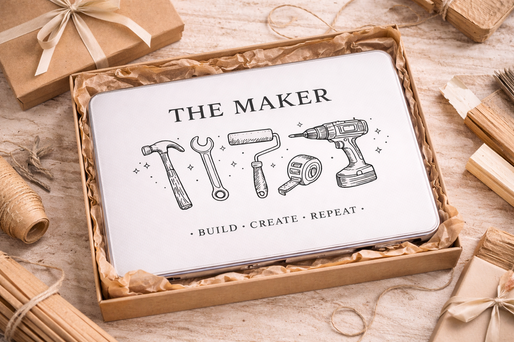 MacBook Case — “The Maker” Toolline Protective Sleeve (Hammer, Wrench, Drill Artwork)