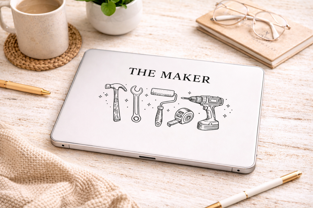 MacBook Case — “The Maker” Toolline Protective Sleeve (Hammer, Wrench, Drill Artwork)
