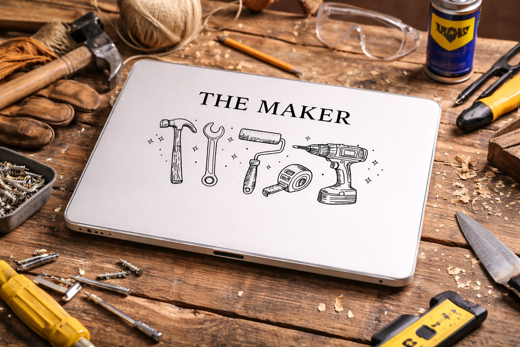 MacBook Case — “The Maker” Toolline Protective Sleeve (Hammer, Wrench, Drill Artwork)