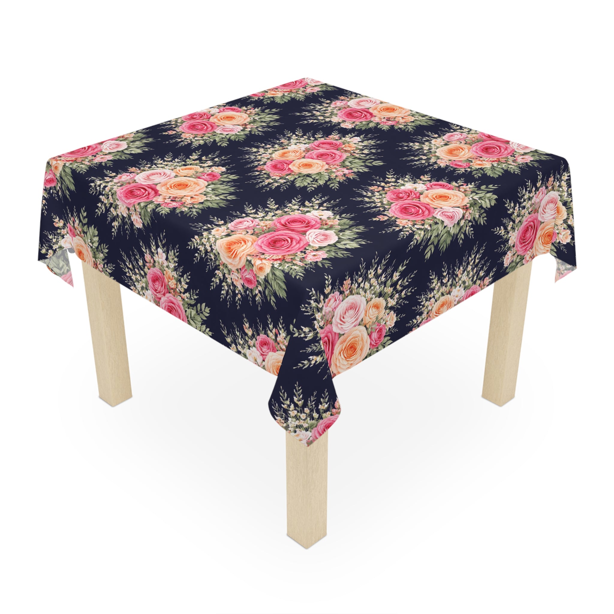 Vintage Rose Bouquet Tablecloth | Floral Table Linen, Navy Background