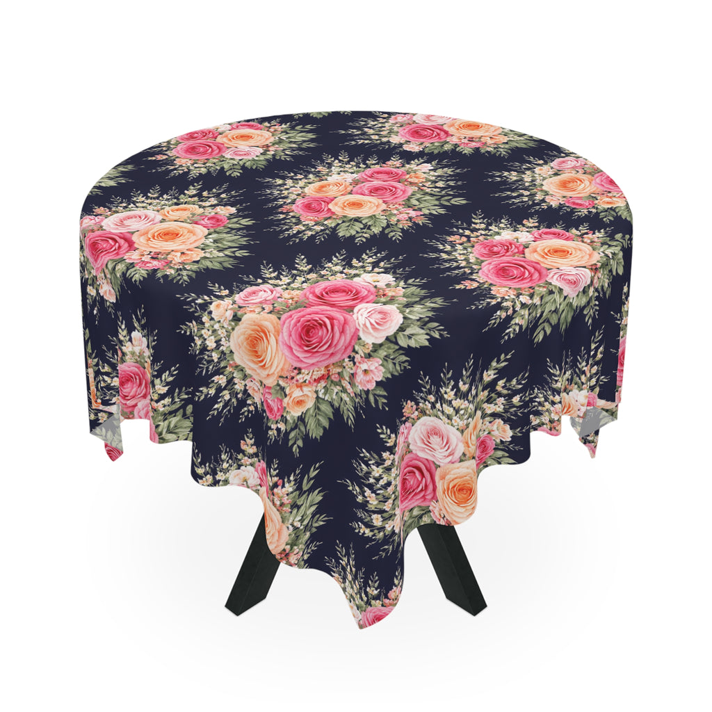 Vintage Rose Bouquet Tablecloth | Floral Table Linen, Navy Background