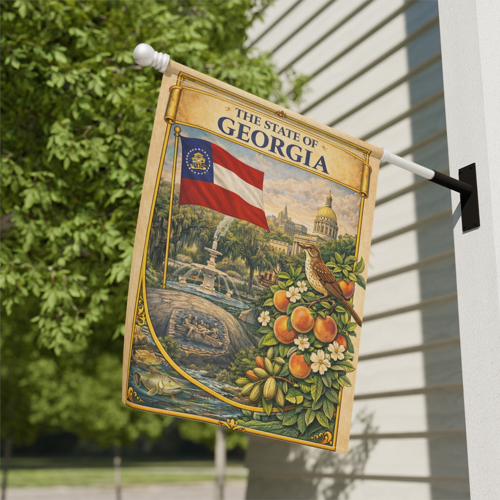 The State of Georgia Vintage Flag Garden & House Banner | Peach, Capitol, Mockingbird