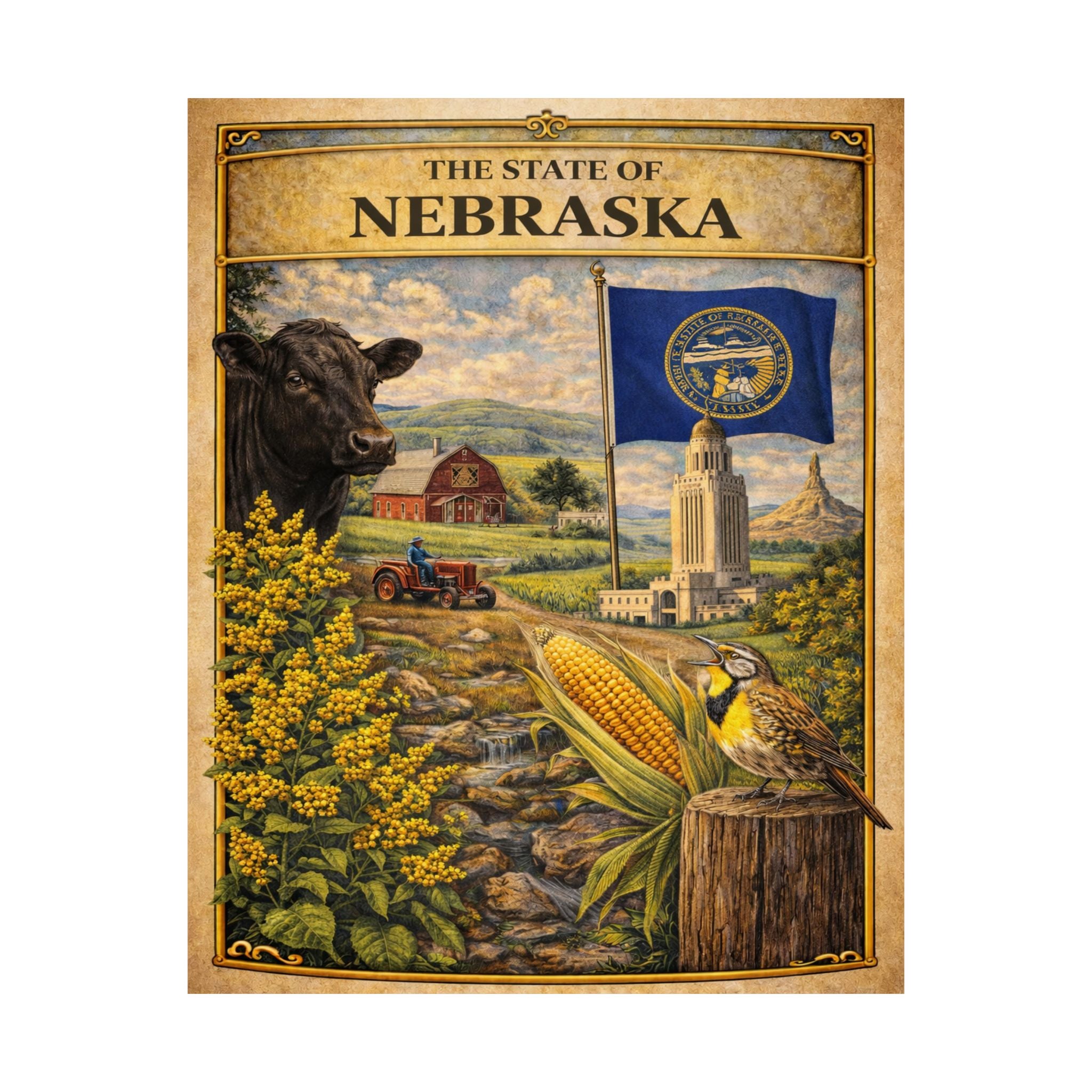 Nebraska State Vintage Illustration Matte Poster | State Flag, Corn & Prairie