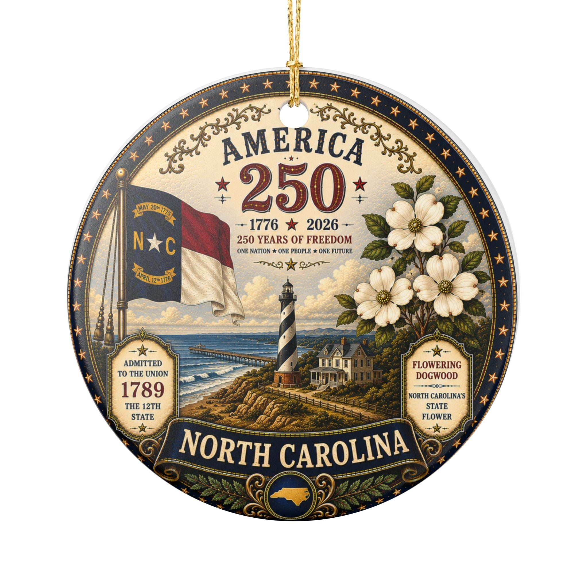 America 250 North Carolina Ceramic Ornament | Lighthouse, Dogwood, State Flag